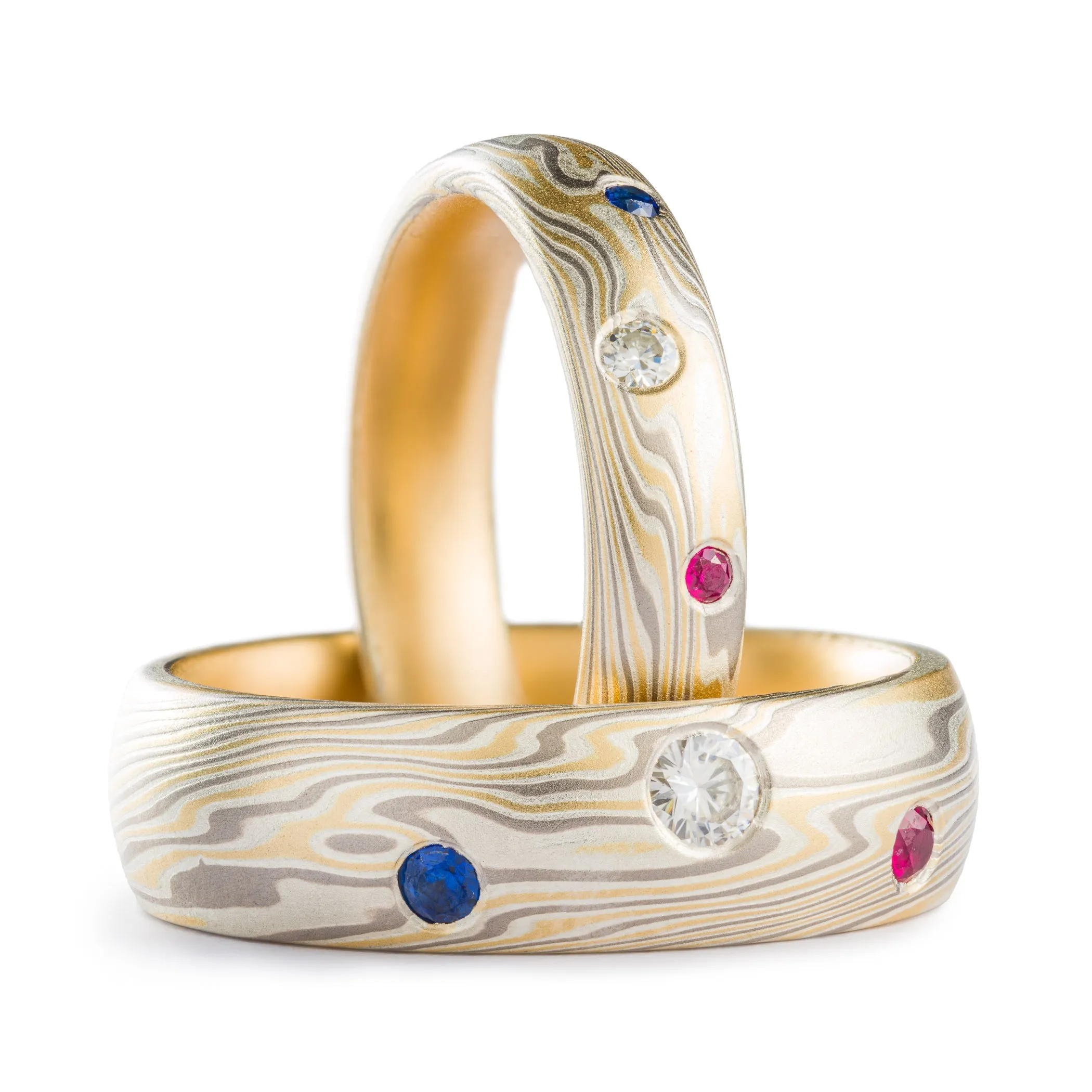 Classic Mokume Gane Rings or Wedding Band Set in Twist Pattern and Flare Palette with Moissanite, Ruby and Sapphire