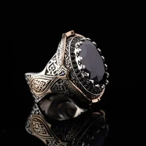 Classic Retro Silver Men Ring Vintage Carved Hollow Pattern Sicilian Style Ring