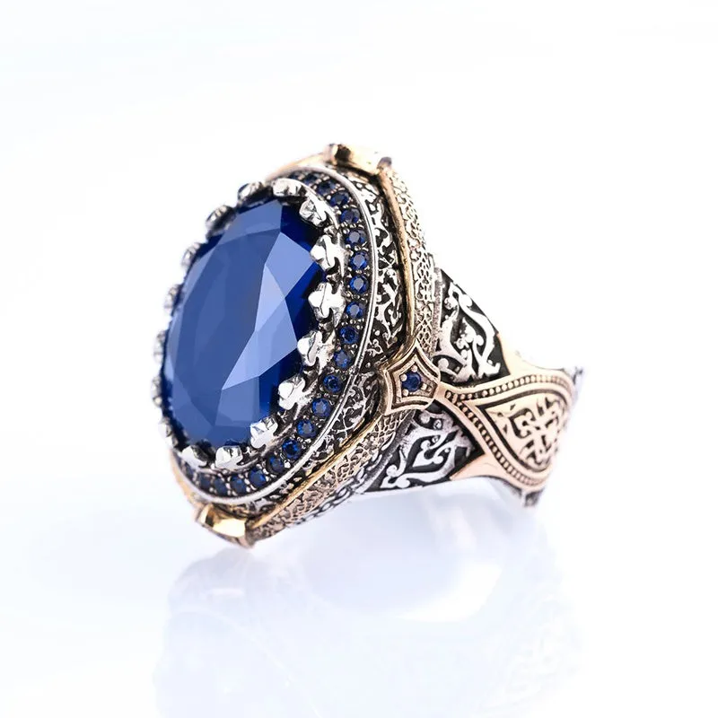 Classic Retro Silver Men Ring Vintage Carved Hollow Pattern Sicilian Style Ring