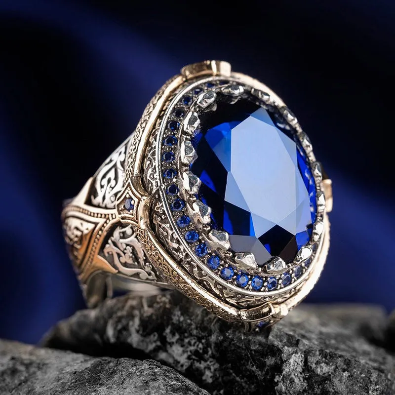 Classic Retro Silver Men Ring Vintage Carved Hollow Pattern Sicilian Style Ring