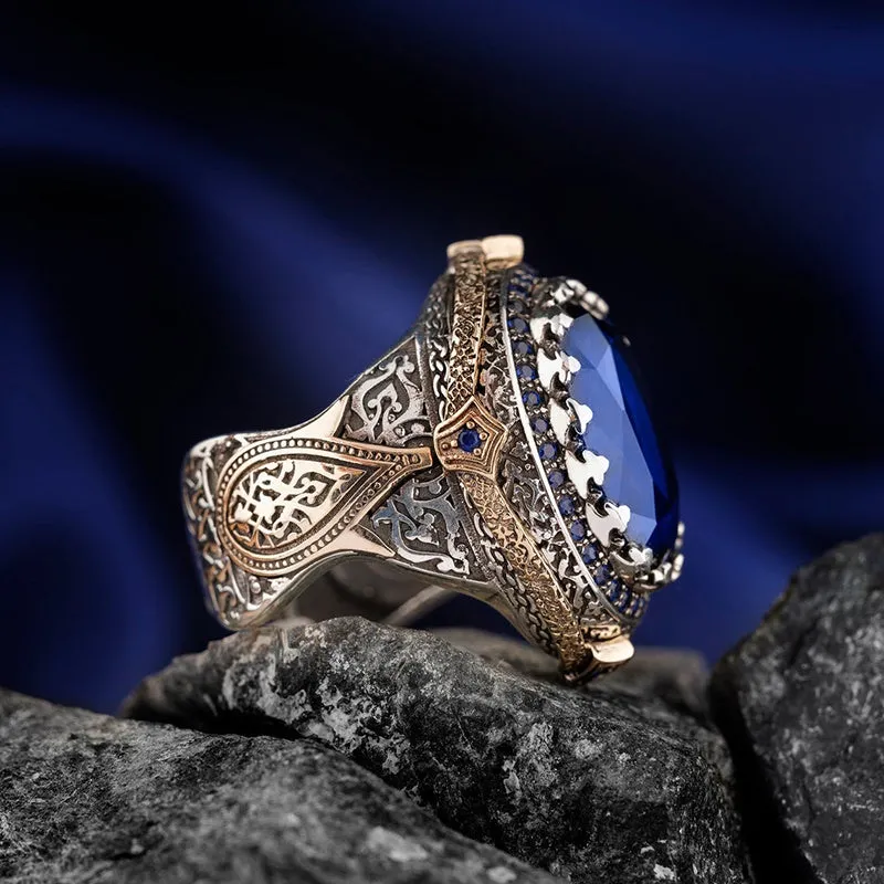 Classic Retro Silver Men Ring Vintage Carved Hollow Pattern Sicilian Style Ring