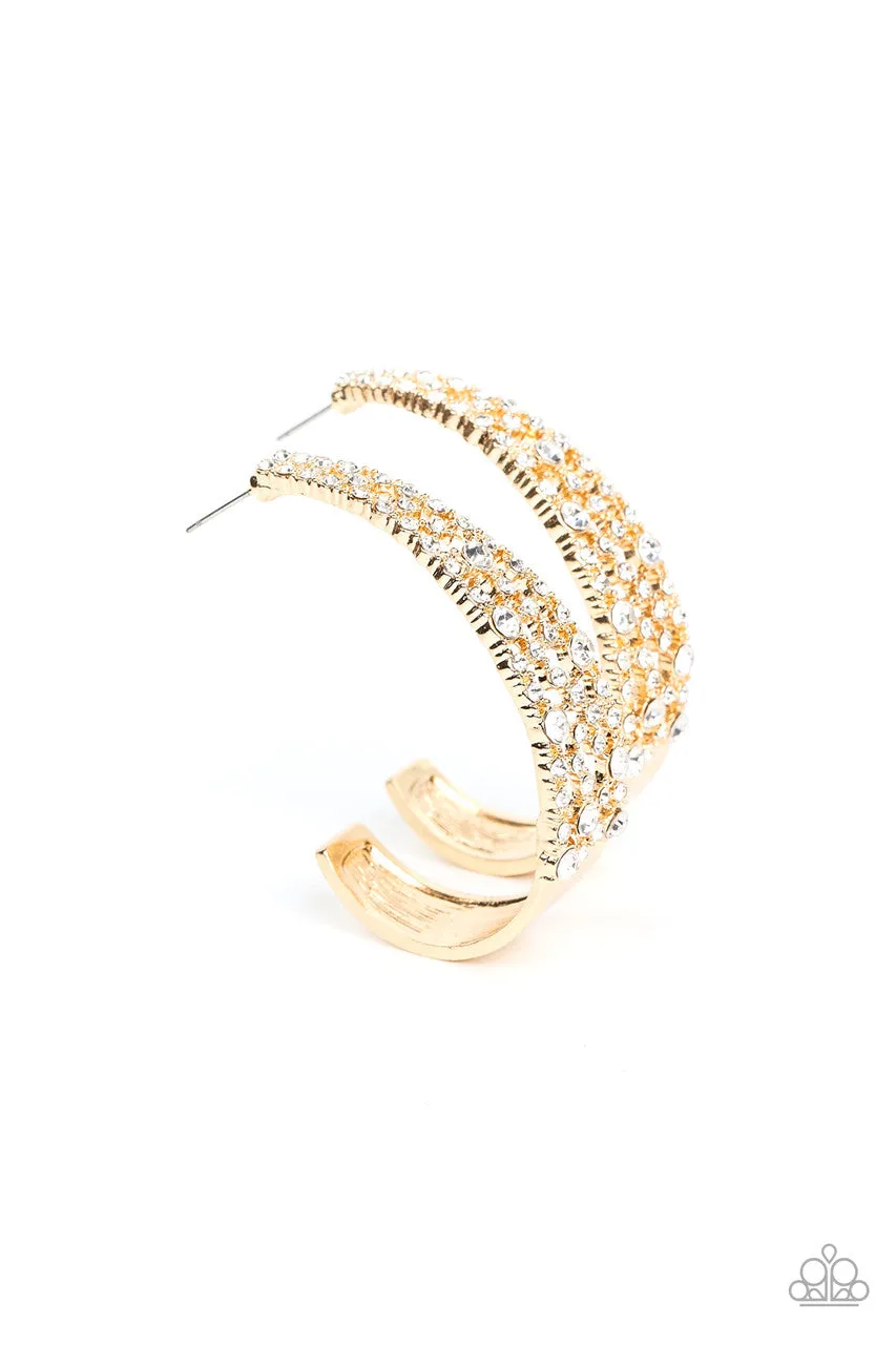 Cold as Ice - Gold - White Rhinestone J-Hook Paparazzi Hoop Earrings