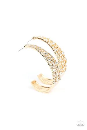 Cold as Ice - Gold - White Rhinestone J-Hook Paparazzi Hoop Earrings