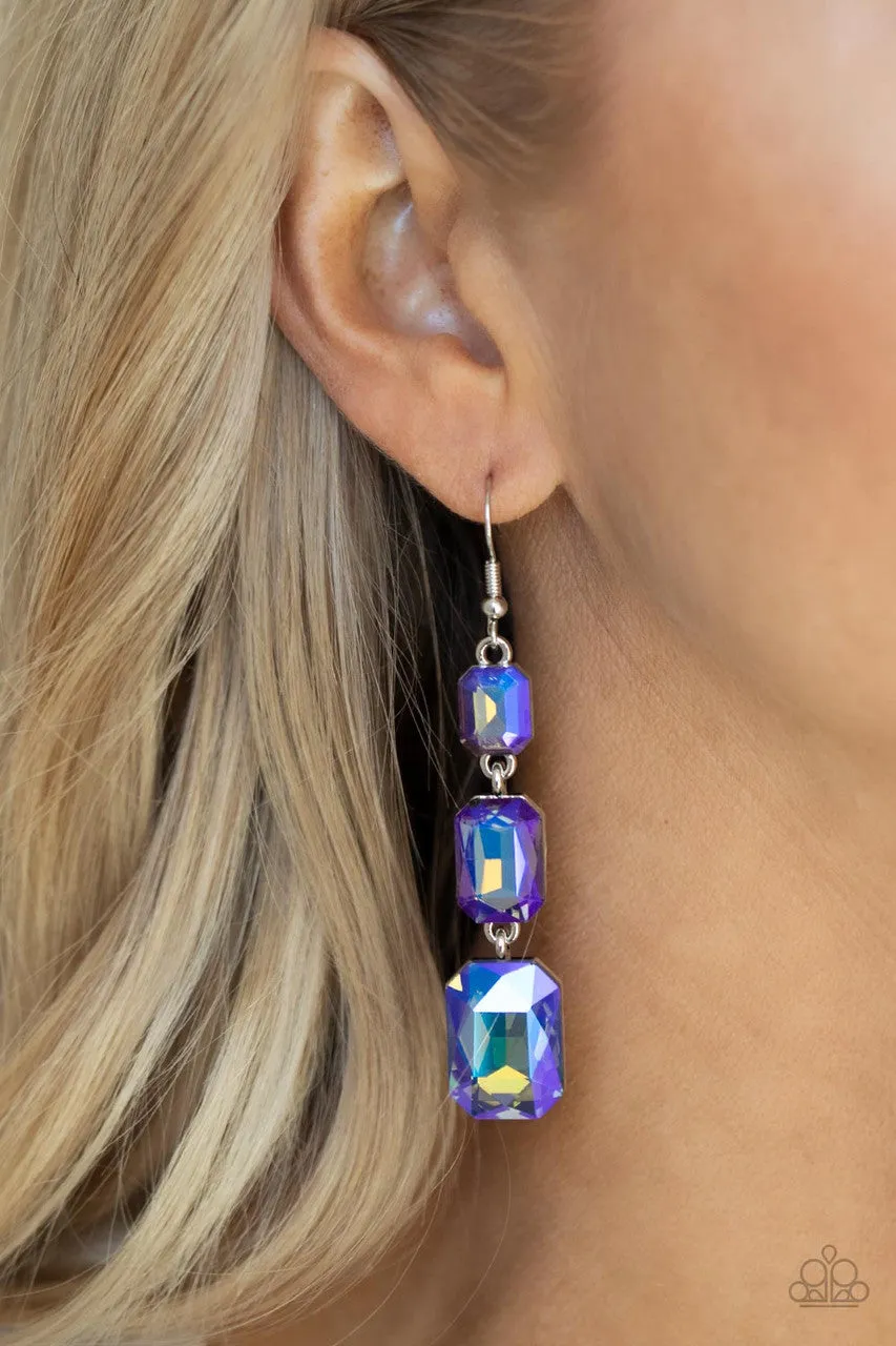 Cosmic Red Carpet - Blue - UV Emerald Cut Gem Paparazzi Fishhook Earrings