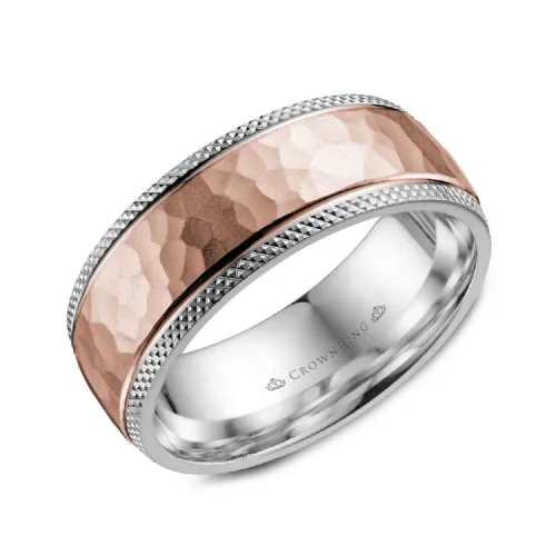 CrownRing (10K, 14K) Gold (8mm) Hammered Centre and Polished Side Cut Edge Band
