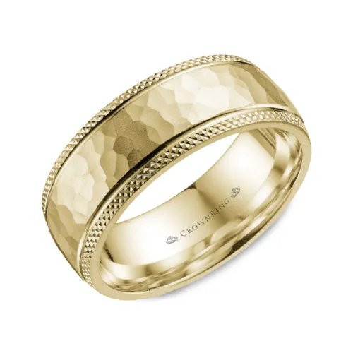 CrownRing (10K, 14K) Gold (8mm) Hammered Centre and Polished Side Cut Edge Band