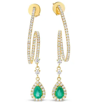 Dangle Pear Shaped Emerald Gemstone Earrings with Round Cut Diamonds on a 14k Yellow Gold