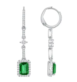 Dangling Earrings with Emerald-cut Emerald accented by Round cut Diamonds in 18k White Gold