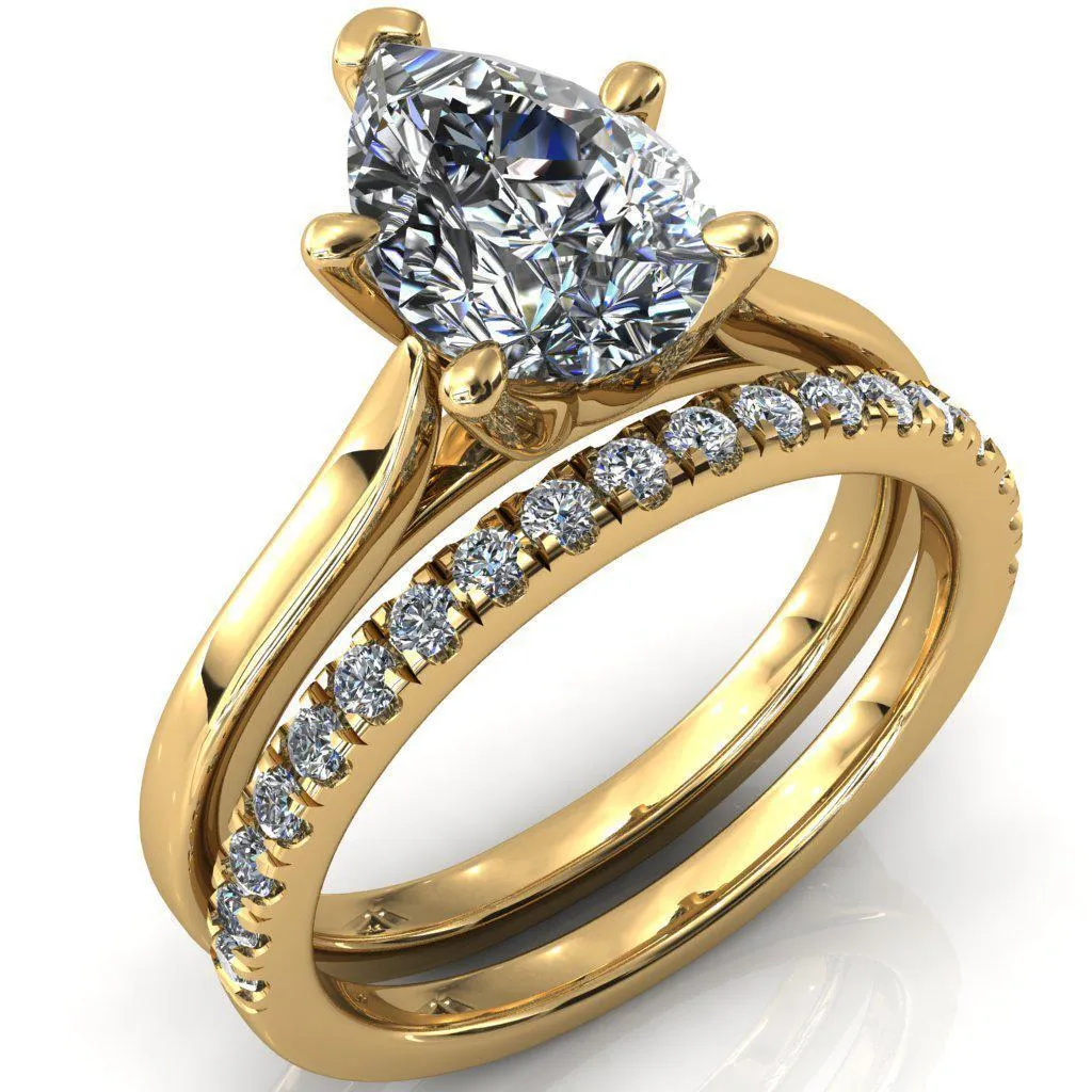 Darci Pear Moissanite 5 Prong Cathedral Solitaire Engagement Ring