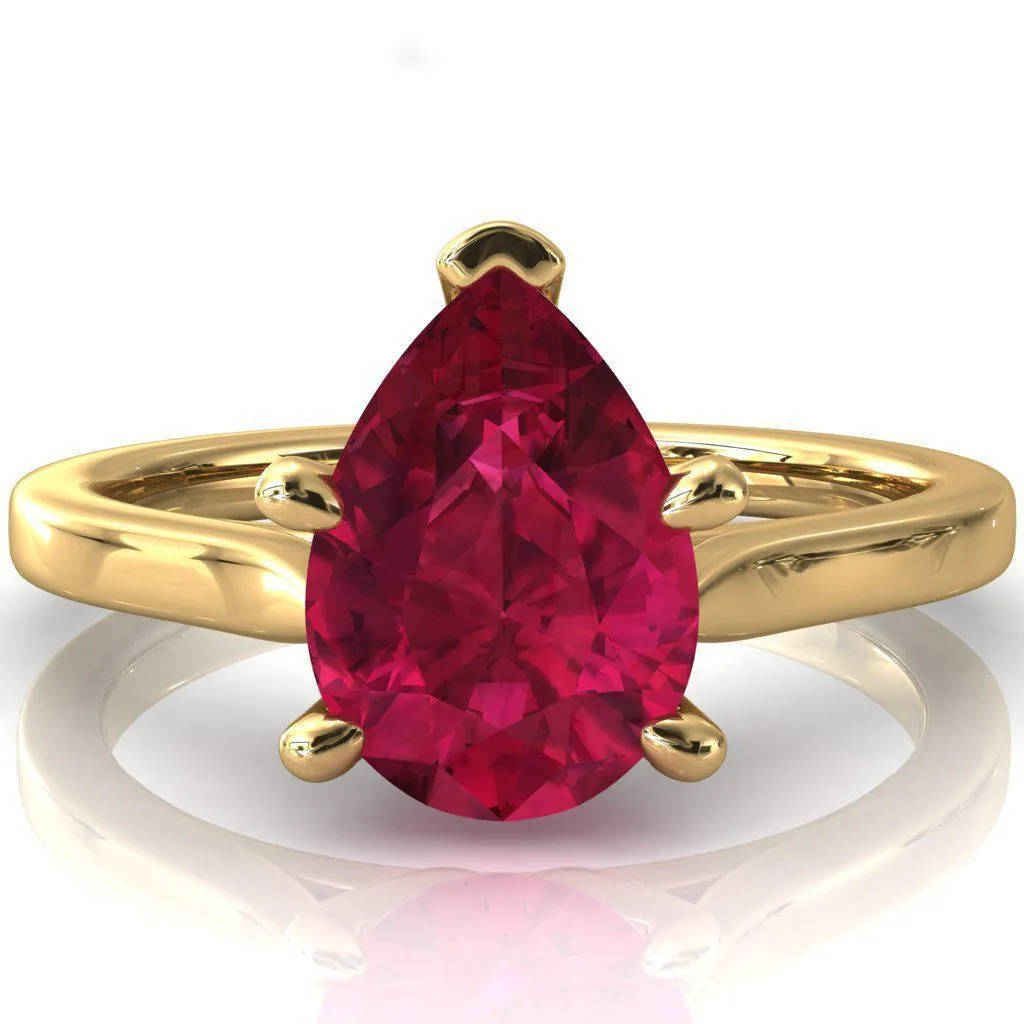 Darci Pear Ruby 5 Prong Cathedral Solitaire Engagement Ring