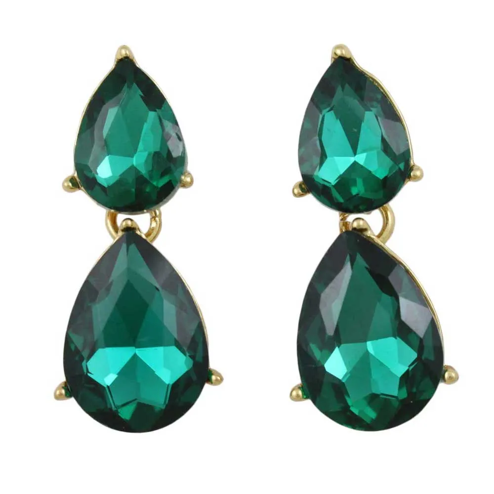 Dark Green Double Teardrops Dangling Pierced Earring - RSN526E