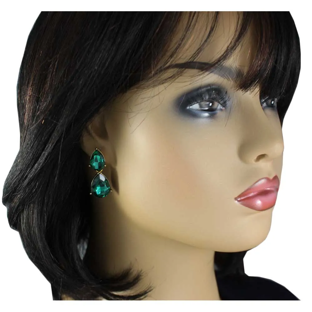 Dark Green Double Teardrops Dangling Pierced Earring - RSN526E