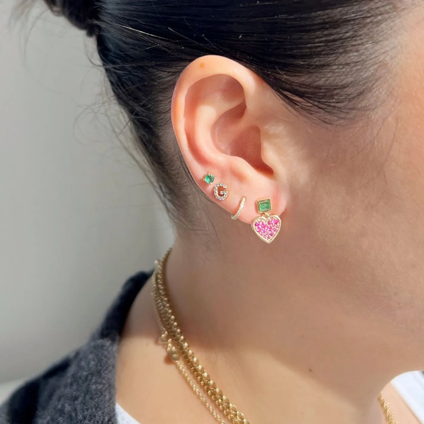 Deep Pink Sapphire and Emerald Small Sweetheart Earrings