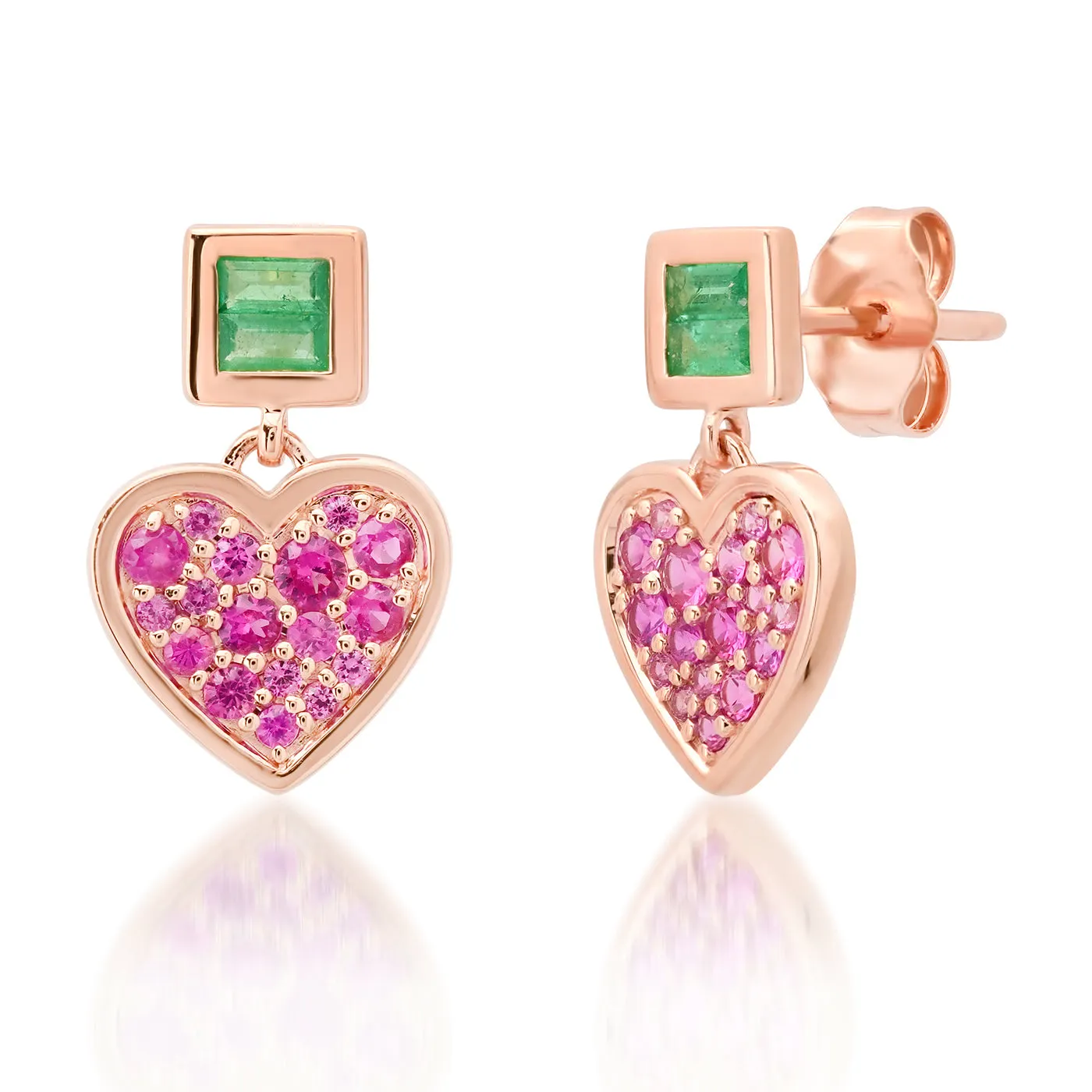 Deep Pink Sapphire and Emerald Small Sweetheart Earrings
