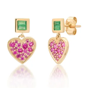 Deep Pink Sapphire and Emerald Small Sweetheart Earrings