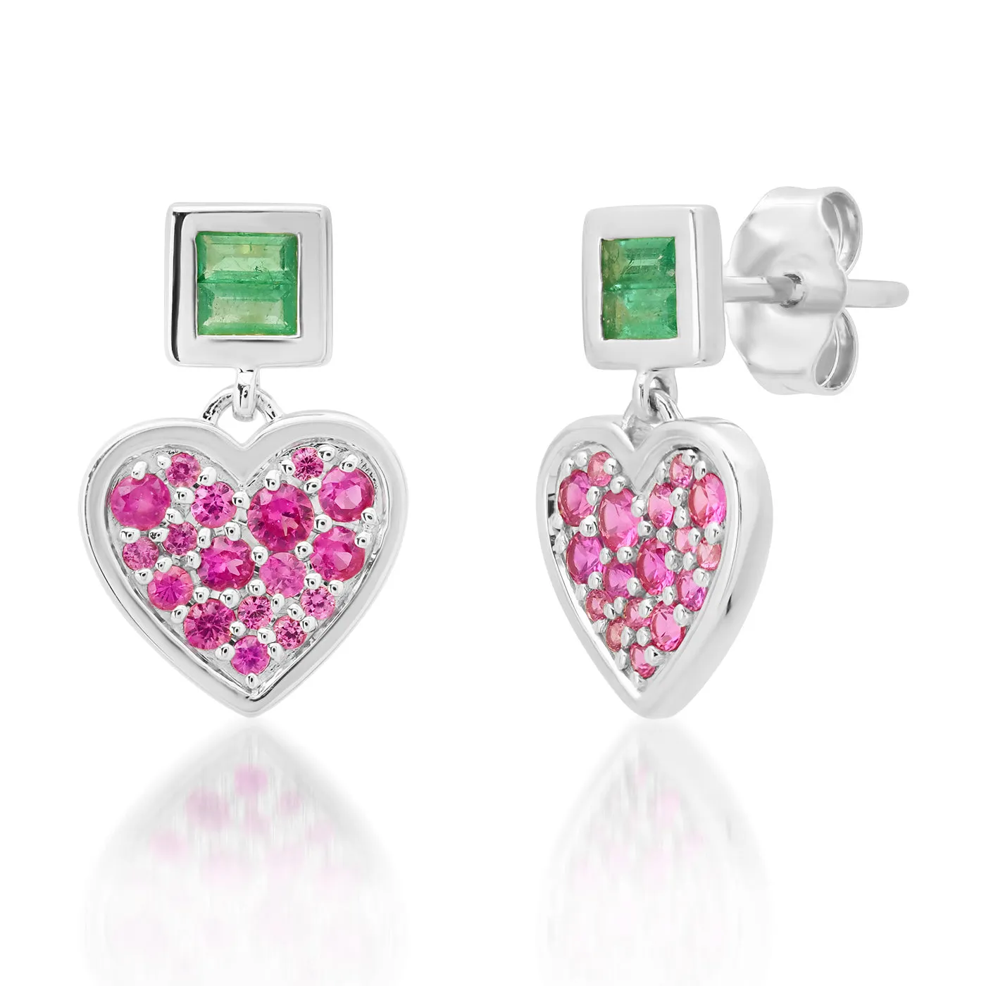 Deep Pink Sapphire and Emerald Small Sweetheart Earrings
