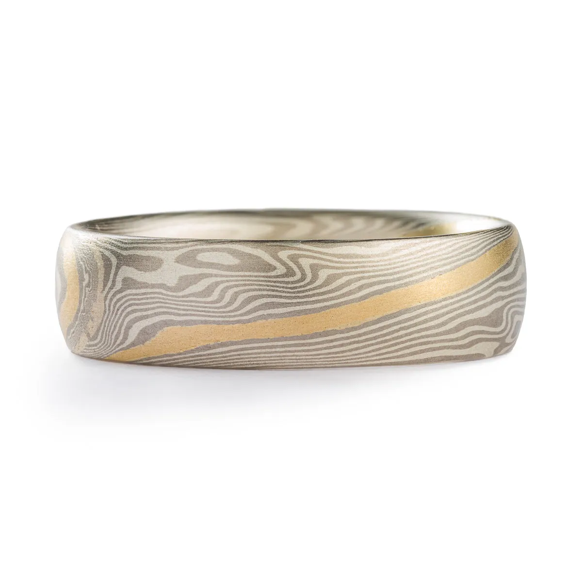 Delicate Mokume Gane Ring Wedding Band in Twist Pattern and Ash Palette with Yellow Gold Stratum