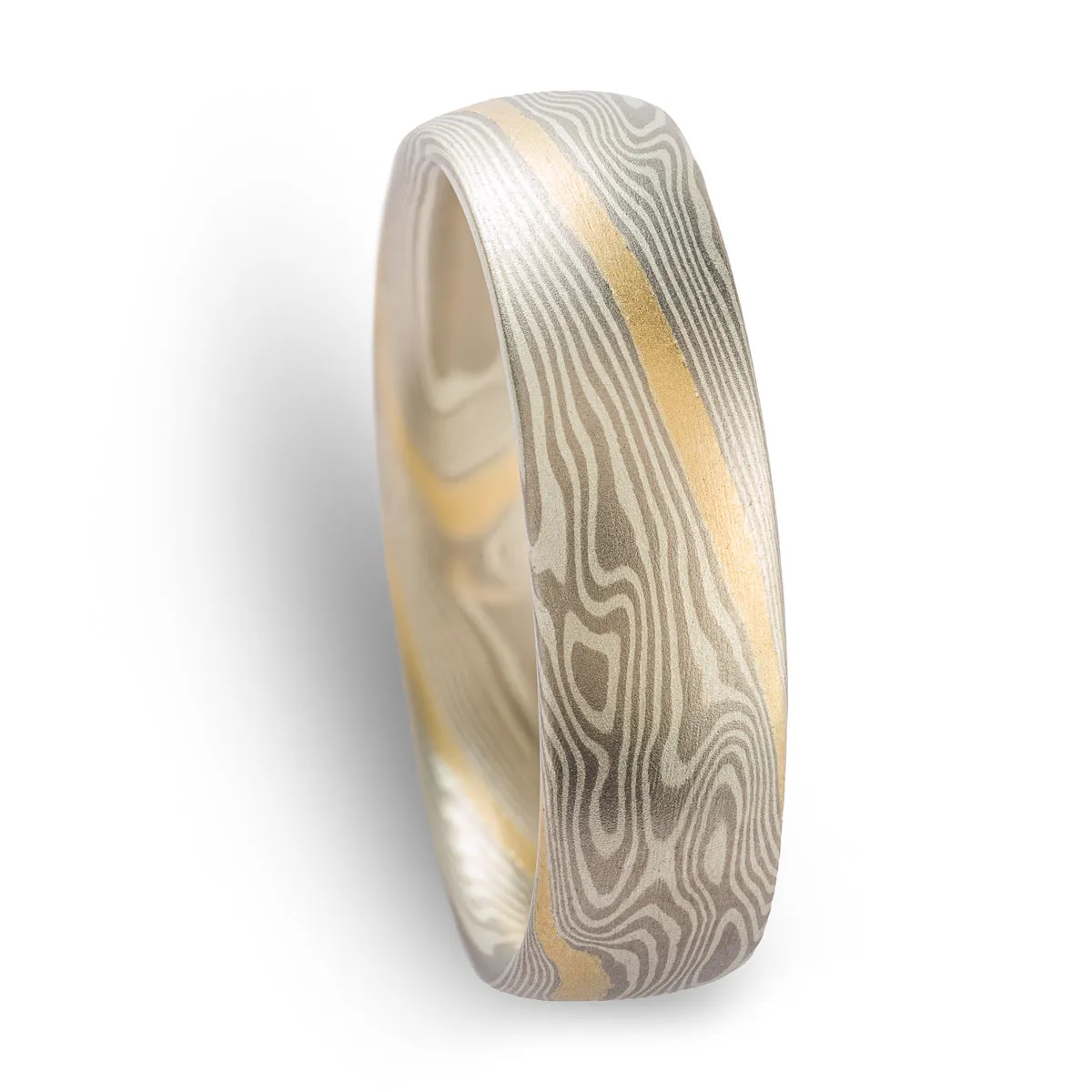Delicate Mokume Gane Ring Wedding Band in Twist Pattern and Ash Palette with Yellow Gold Stratum