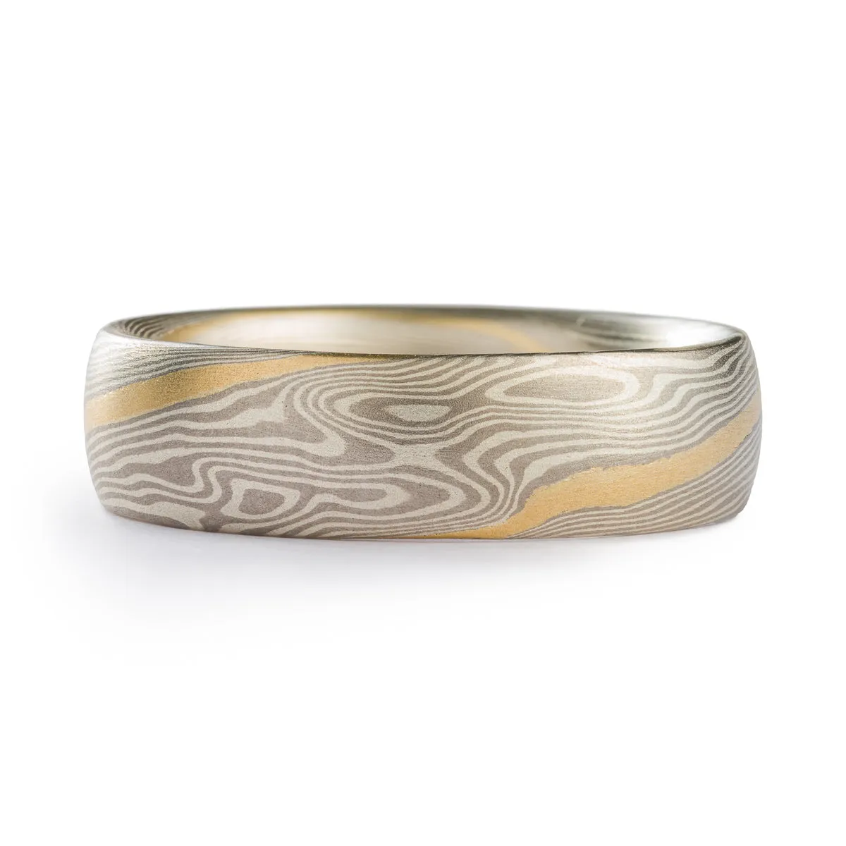 Delicate Mokume Gane Ring Wedding Band in Twist Pattern and Ash Palette with Yellow Gold Stratum