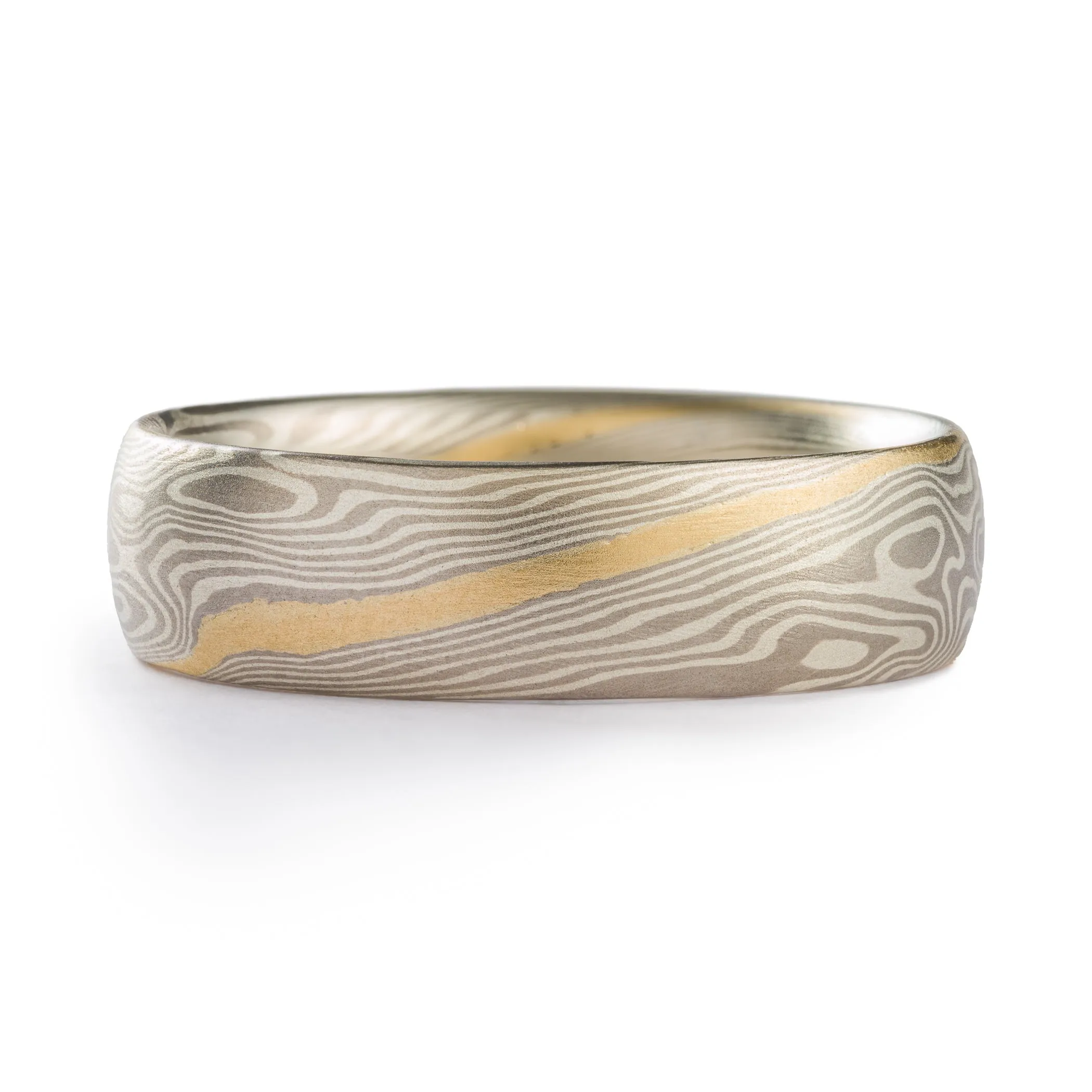 Delicate Mokume Gane Ring Wedding Band in Twist Pattern and Ash Palette with Yellow Gold Stratum