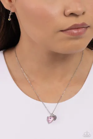 Devoted Delicacy - Pink - and Iridescent Rhinestone Encrusted Heart Charms Paparazzi Short Necklace