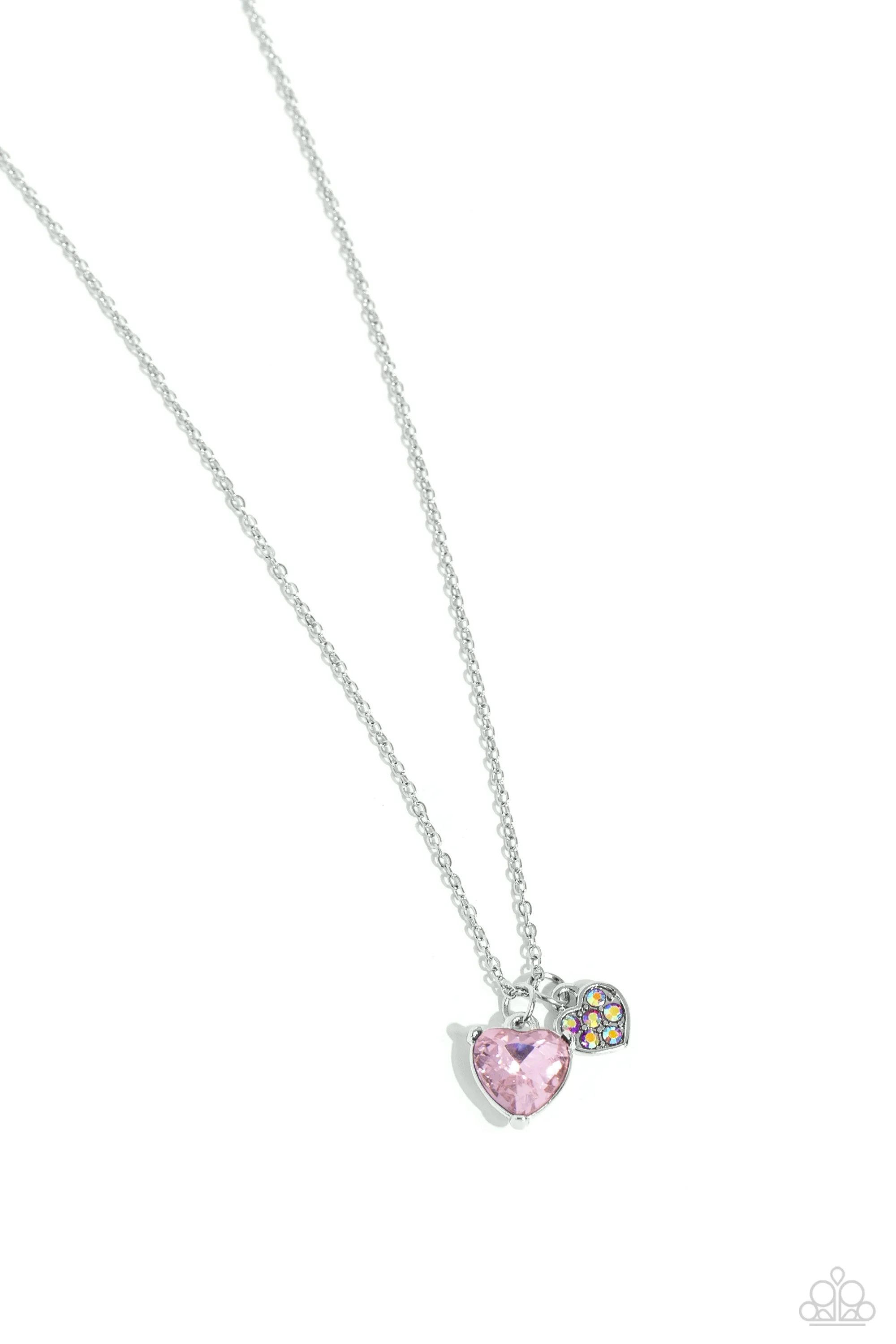 Devoted Delicacy - Pink - and Iridescent Rhinestone Encrusted Heart Charms Paparazzi Short Necklace