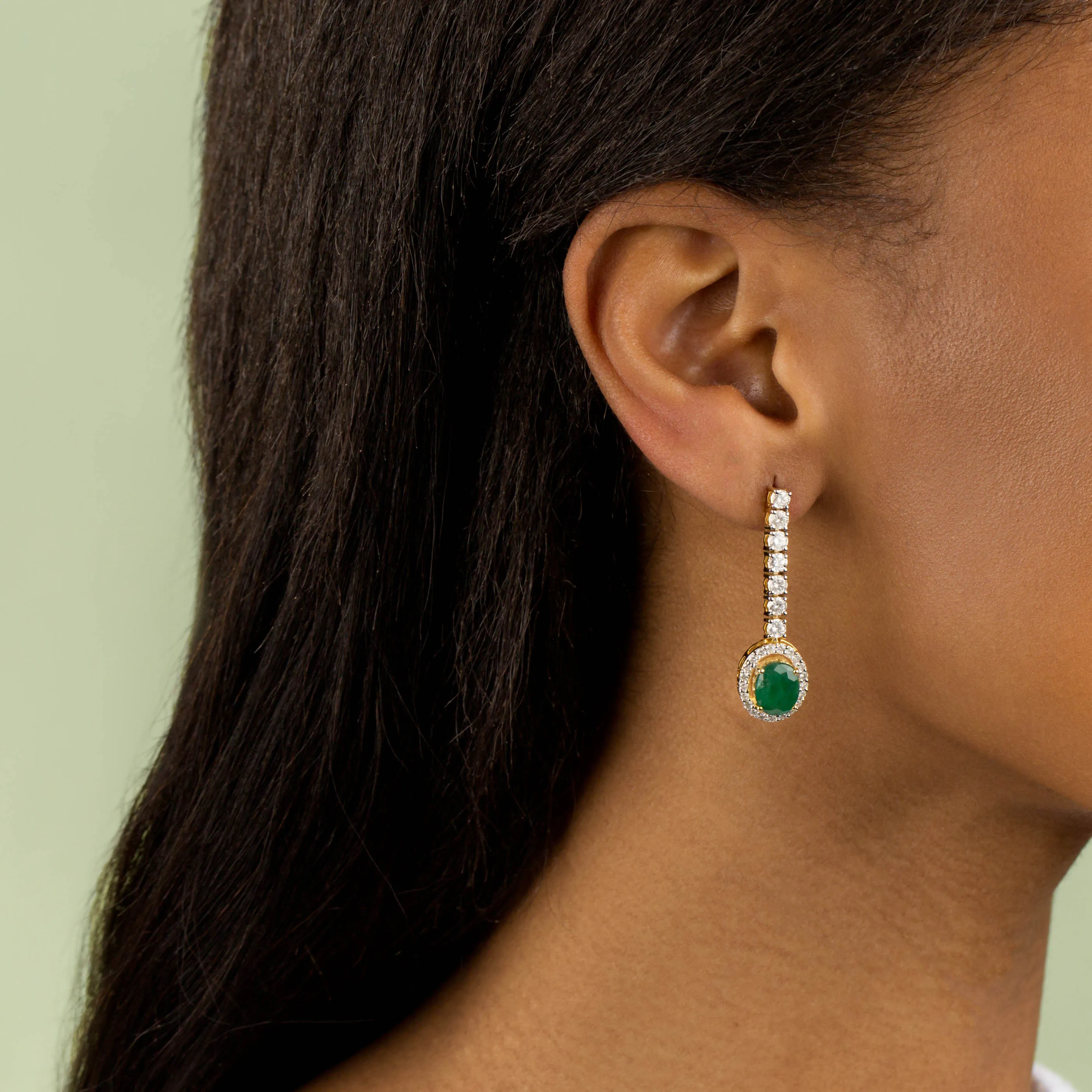 Diamond x Emerald Tennis Drop Stud Earring 14K