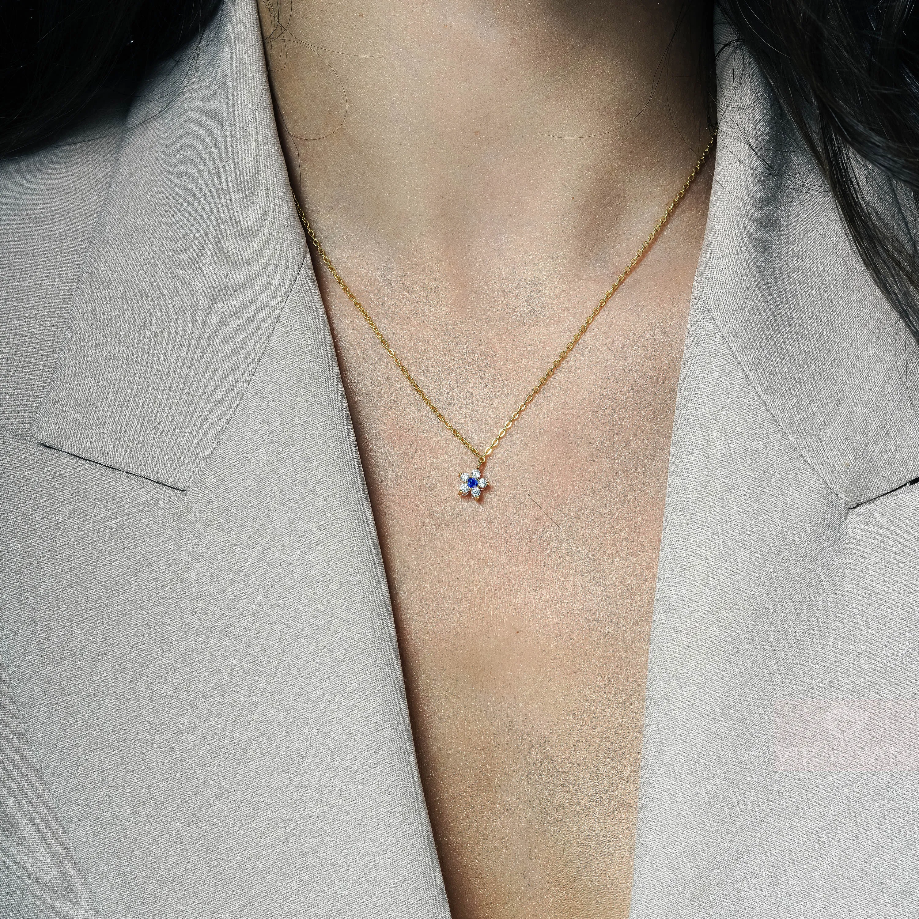 Double Sided Diamond & Sapphire Flower Necklace
