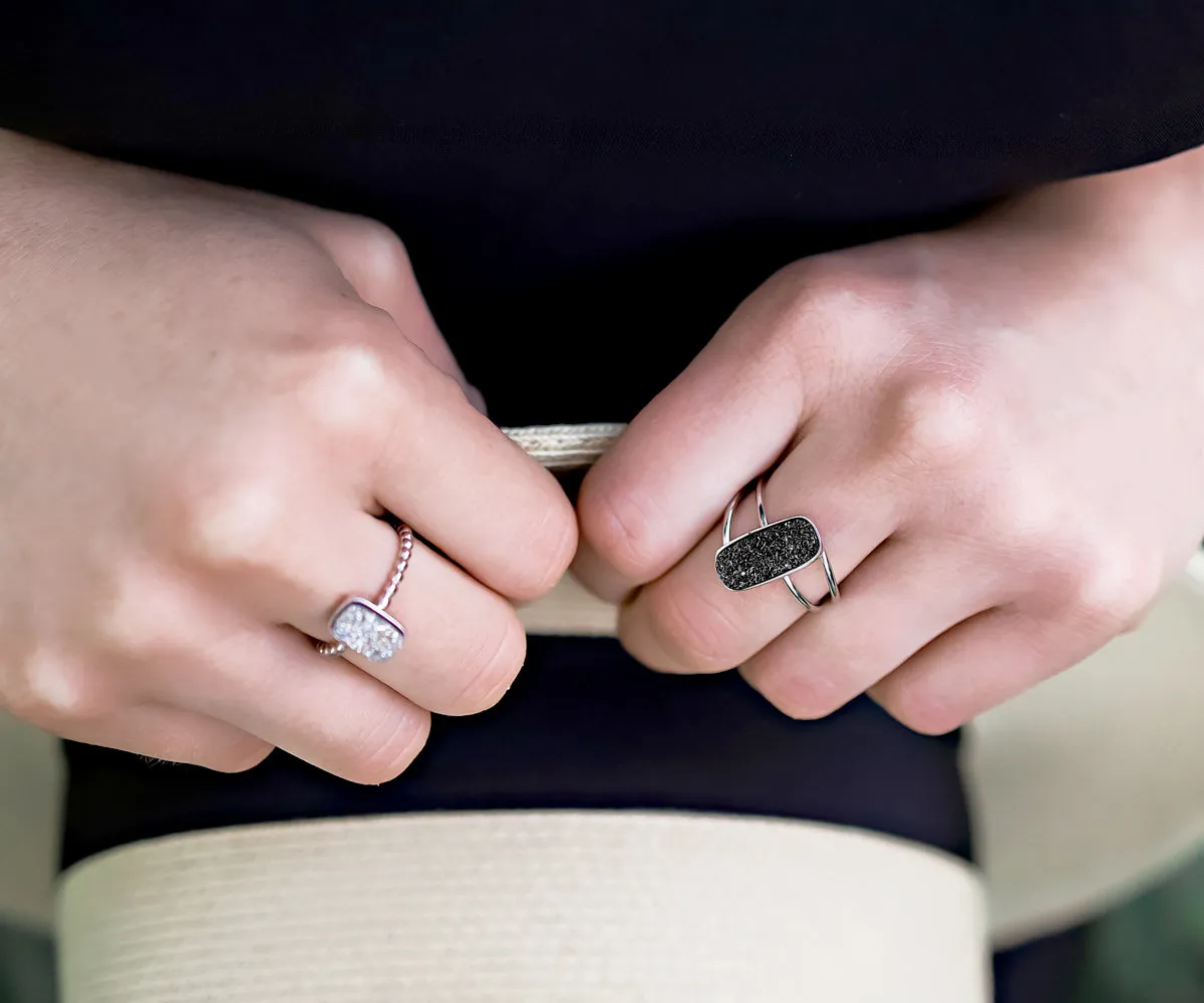 Double Twist Rectangle Black Druzy Ring