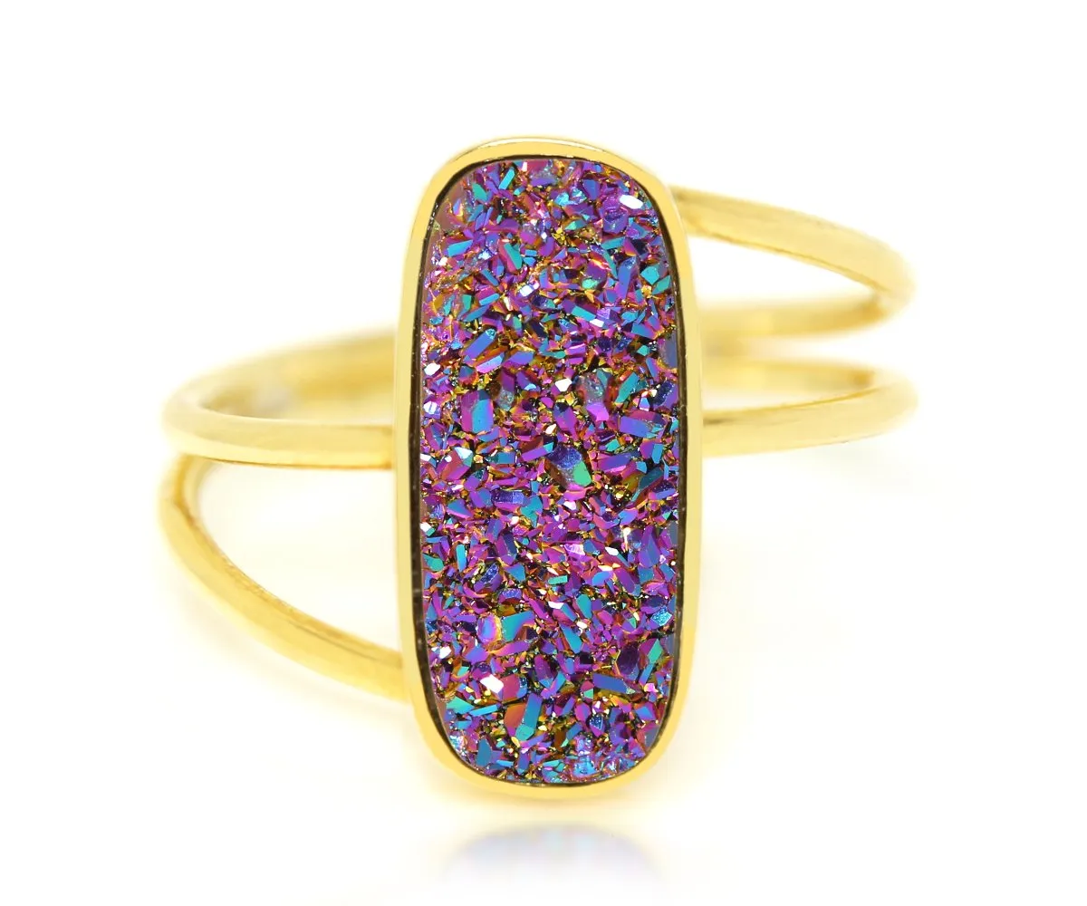 Double Twist Rectangle Purple Rainbow Druzy Gold Ring