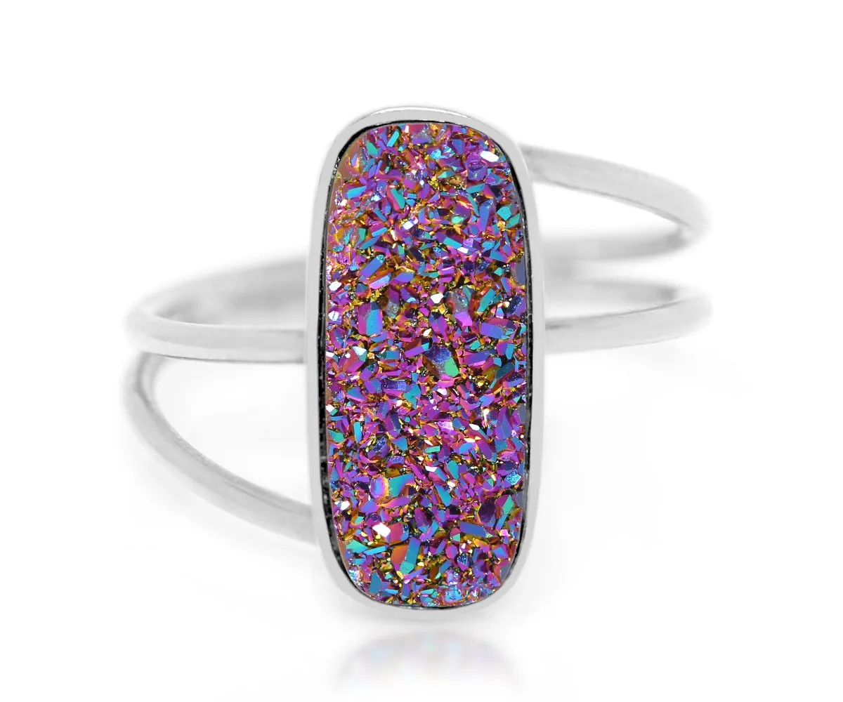 Double Twist Rectangle Purple Rainbow Druzy Ring