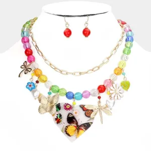 Dragonfly Heart Pearl Butterfly Flower Pendant Lucite Necklaces & Earrings