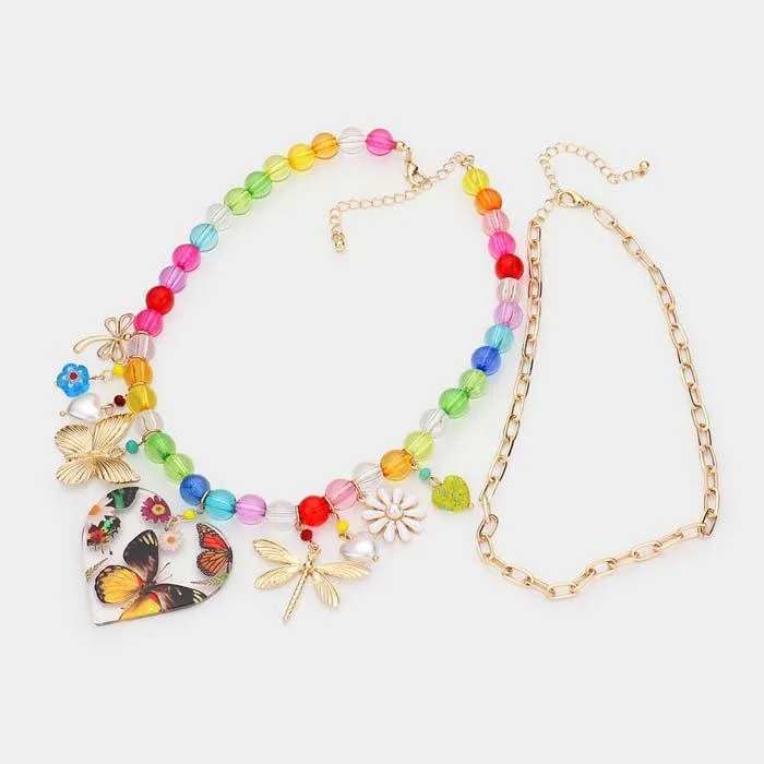 Dragonfly Heart Pearl Butterfly Flower Pendant Lucite Necklaces & Earrings