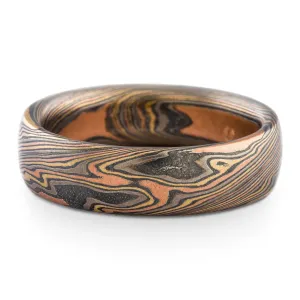Dynamic Mokume Gane Twist Pattern Wedding Band or Ring in Firestorm Palette