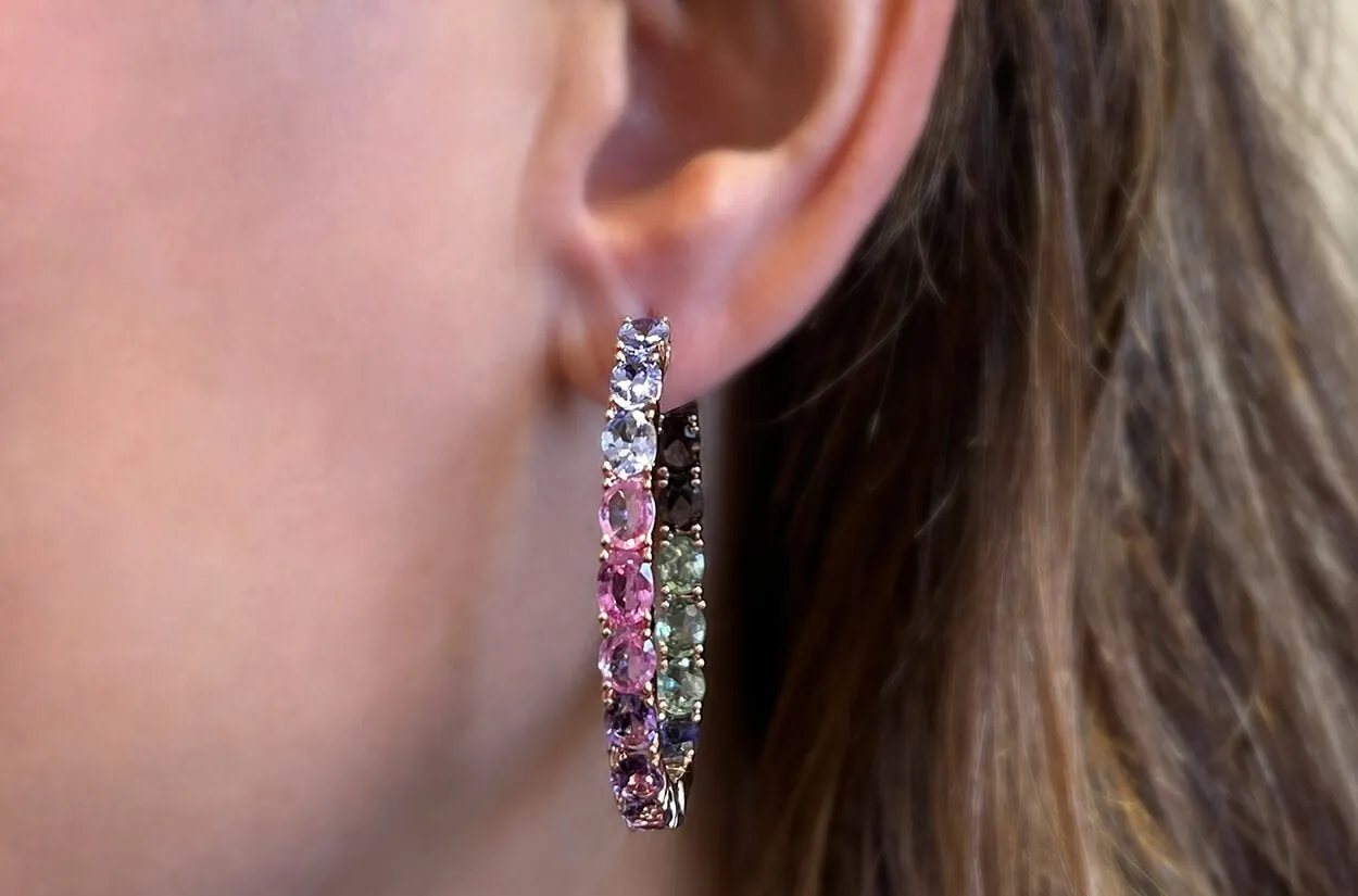 Earrings 18kt Gold Multicolor Oval Sapphires Hoops
