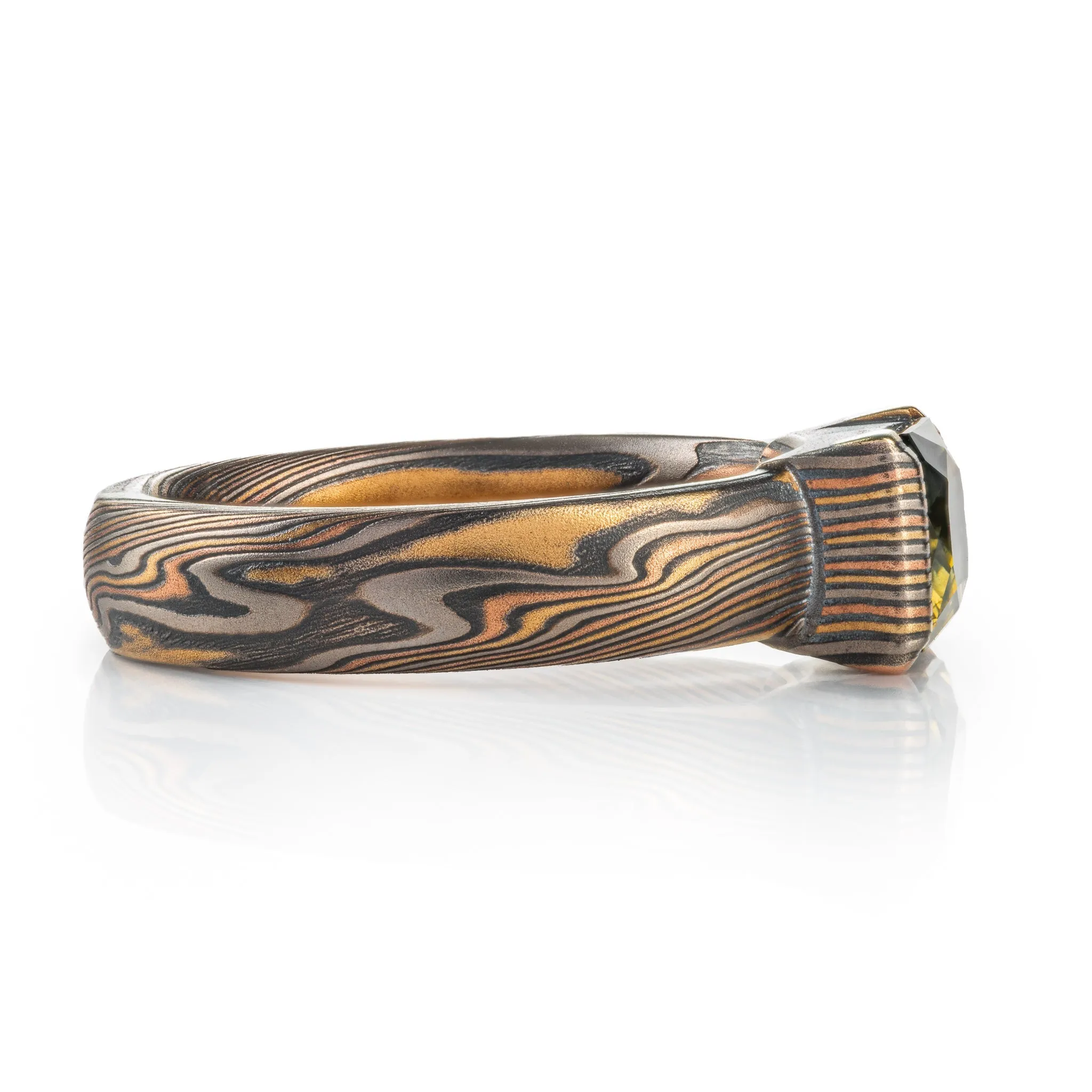 Earthy Mokume Gane Sapphire Ring with Mokume Bezel in Firestorm Palette