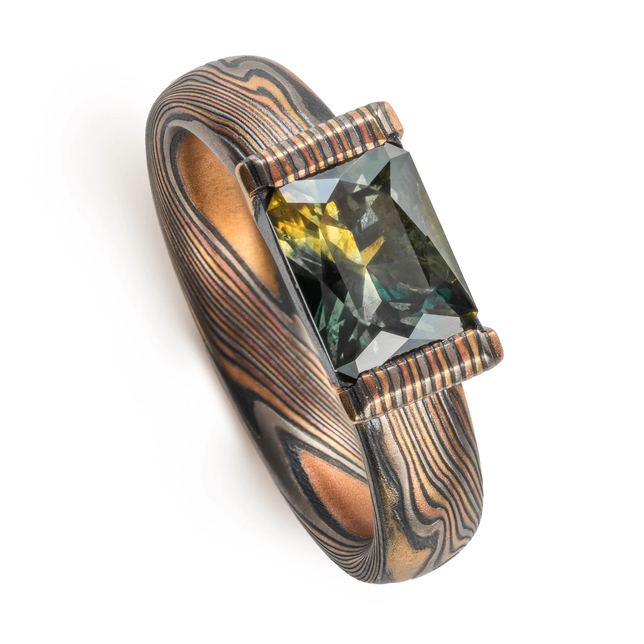Earthy Mokume Gane Sapphire Ring with Mokume Bezel in Firestorm Palette