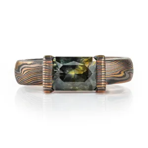 Earthy Mokume Gane Sapphire Ring with Mokume Bezel in Firestorm Palette