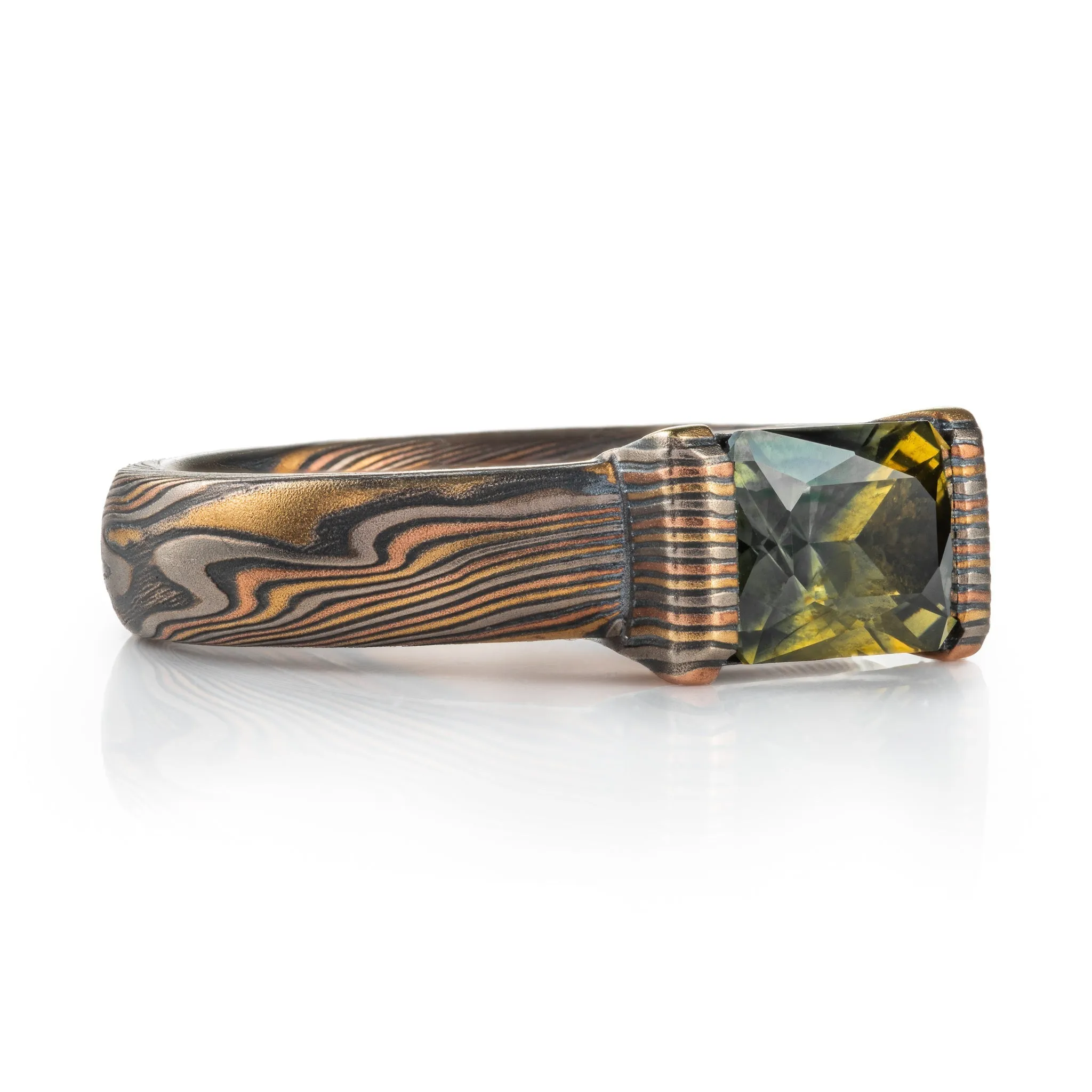 Earthy Mokume Gane Sapphire Ring with Mokume Bezel in Firestorm Palette
