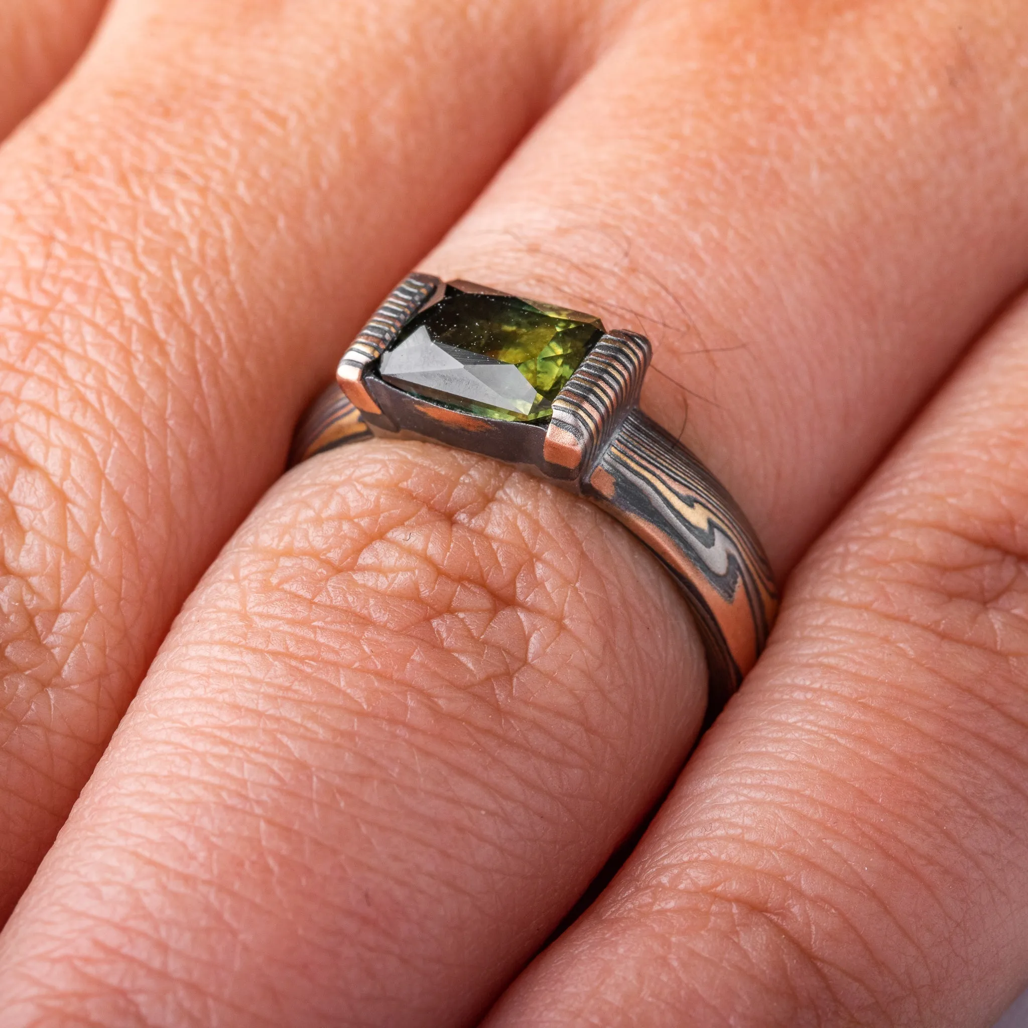 Earthy Mokume Gane Sapphire Ring with Mokume Bezel in Firestorm Palette