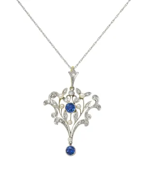 Edwardian 1.17 CTW Sapphire Diamond Platinum 14 Karat Gold Antique Pendant Necklace