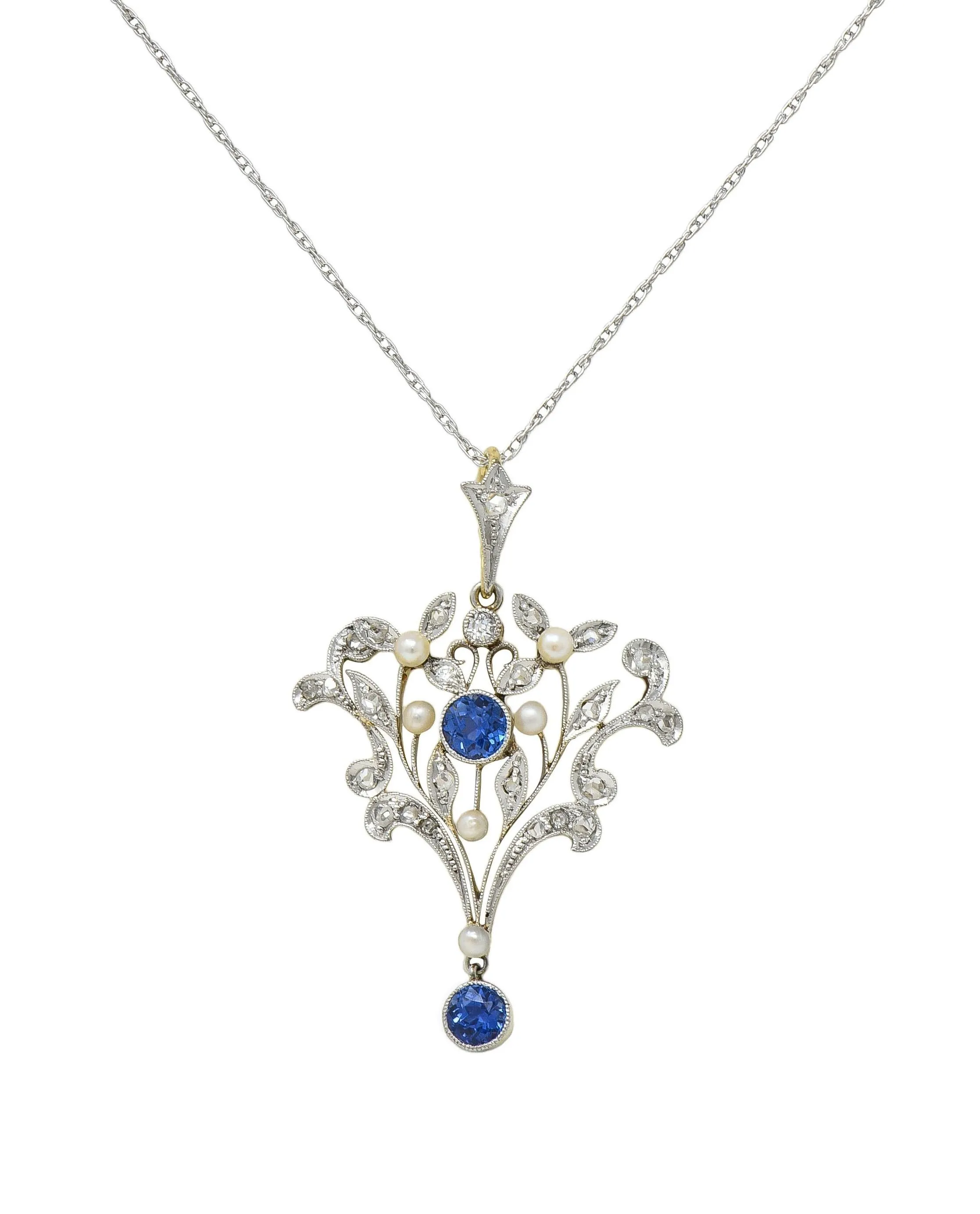 Edwardian 1.17 CTW Sapphire Diamond Platinum 14 Karat Gold Antique Pendant Necklace