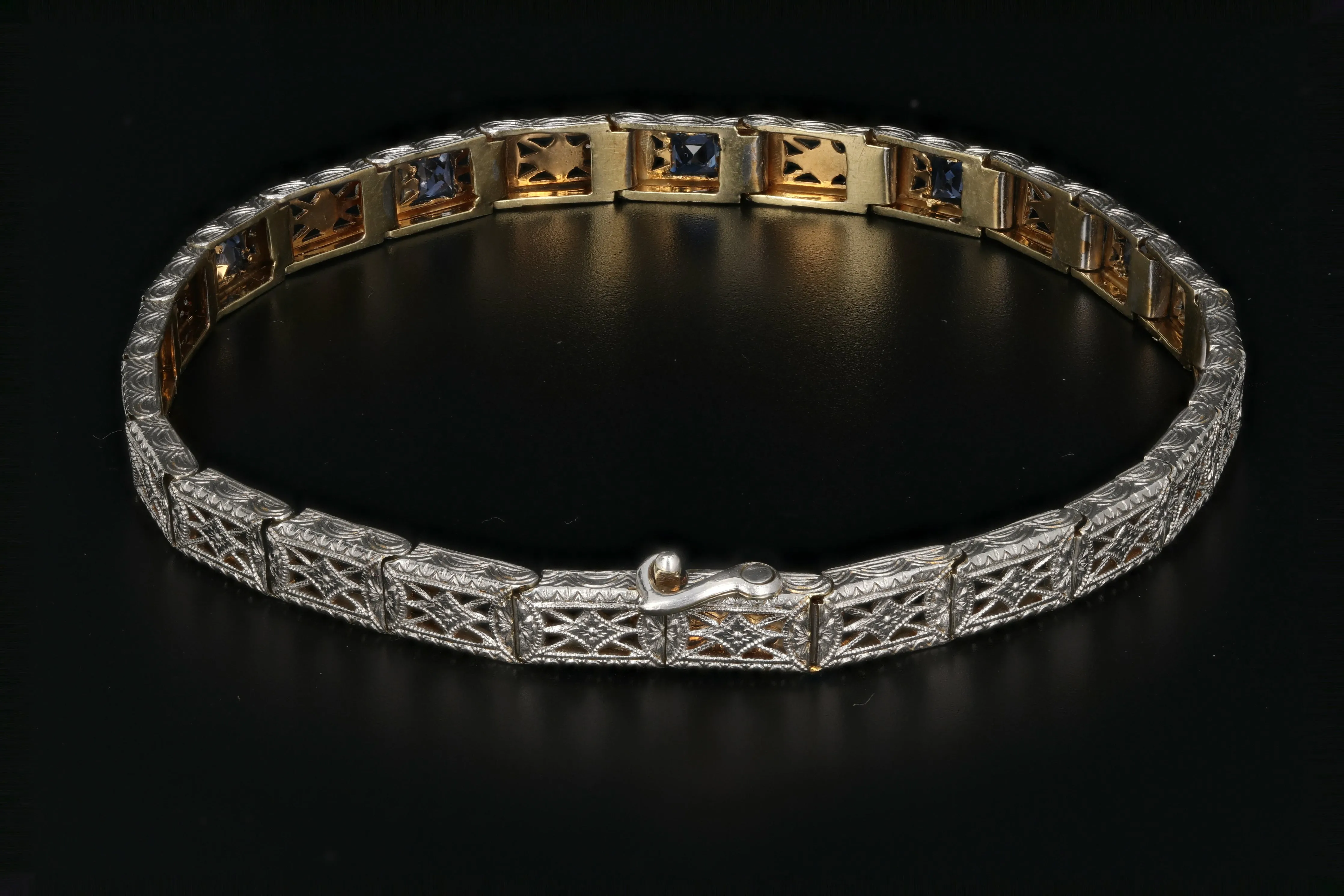 Edwardian 14K & Platinum Wordley, Allsop & Bliss French Cut Sapphire Bracelet.