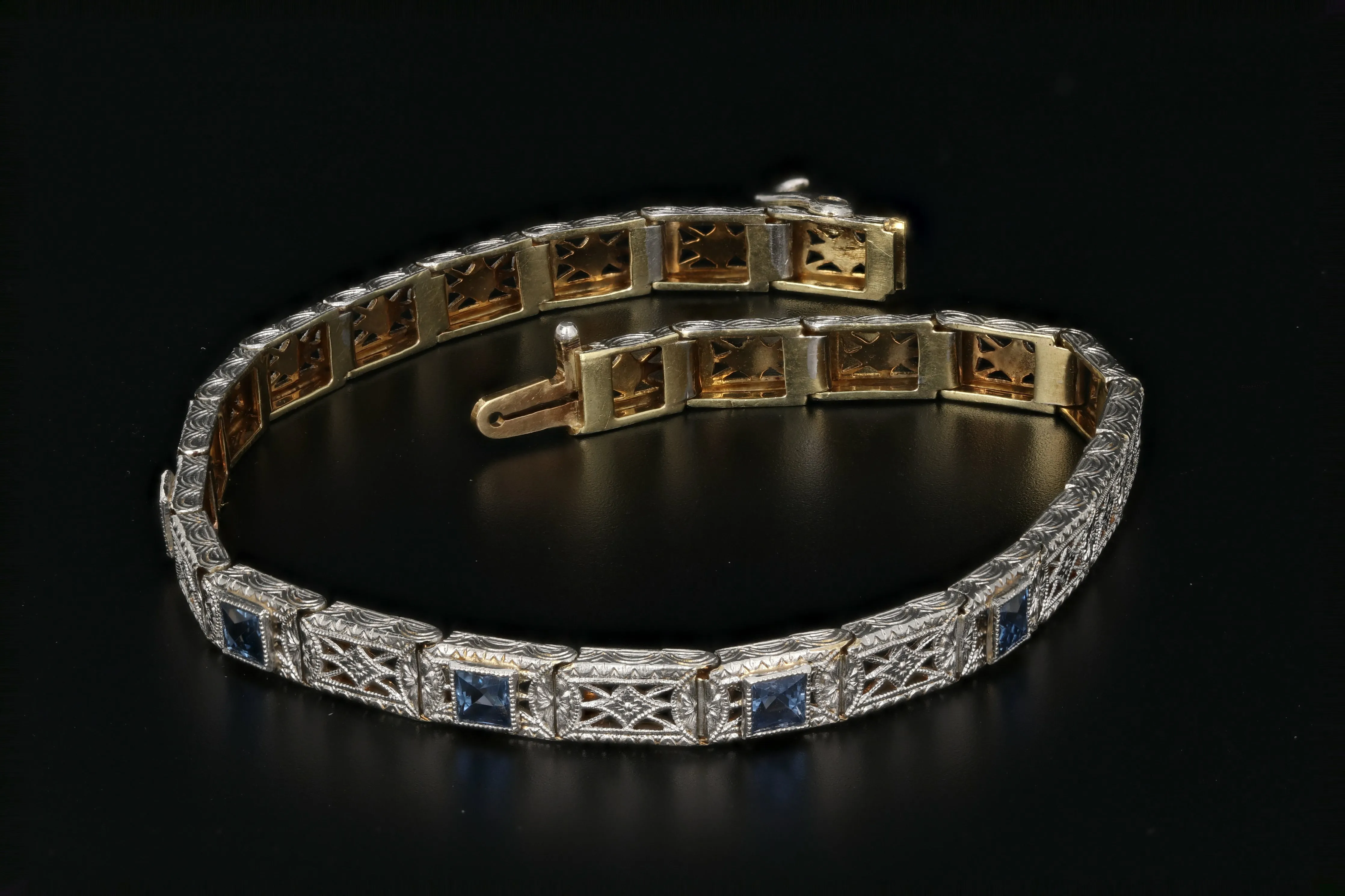 Edwardian 14K & Platinum Wordley, Allsop & Bliss French Cut Sapphire Bracelet.