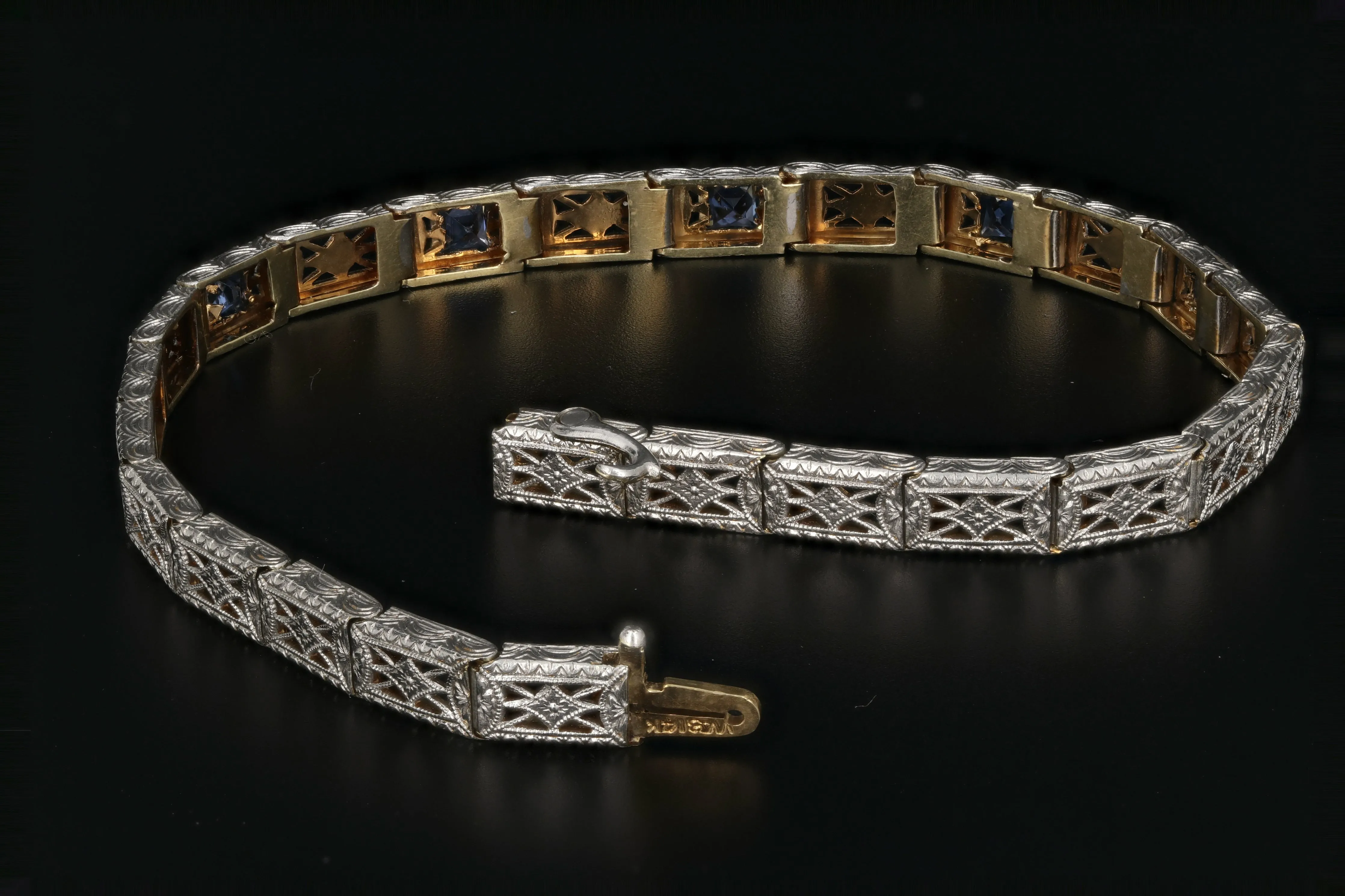Edwardian 14K & Platinum Wordley, Allsop & Bliss French Cut Sapphire Bracelet.