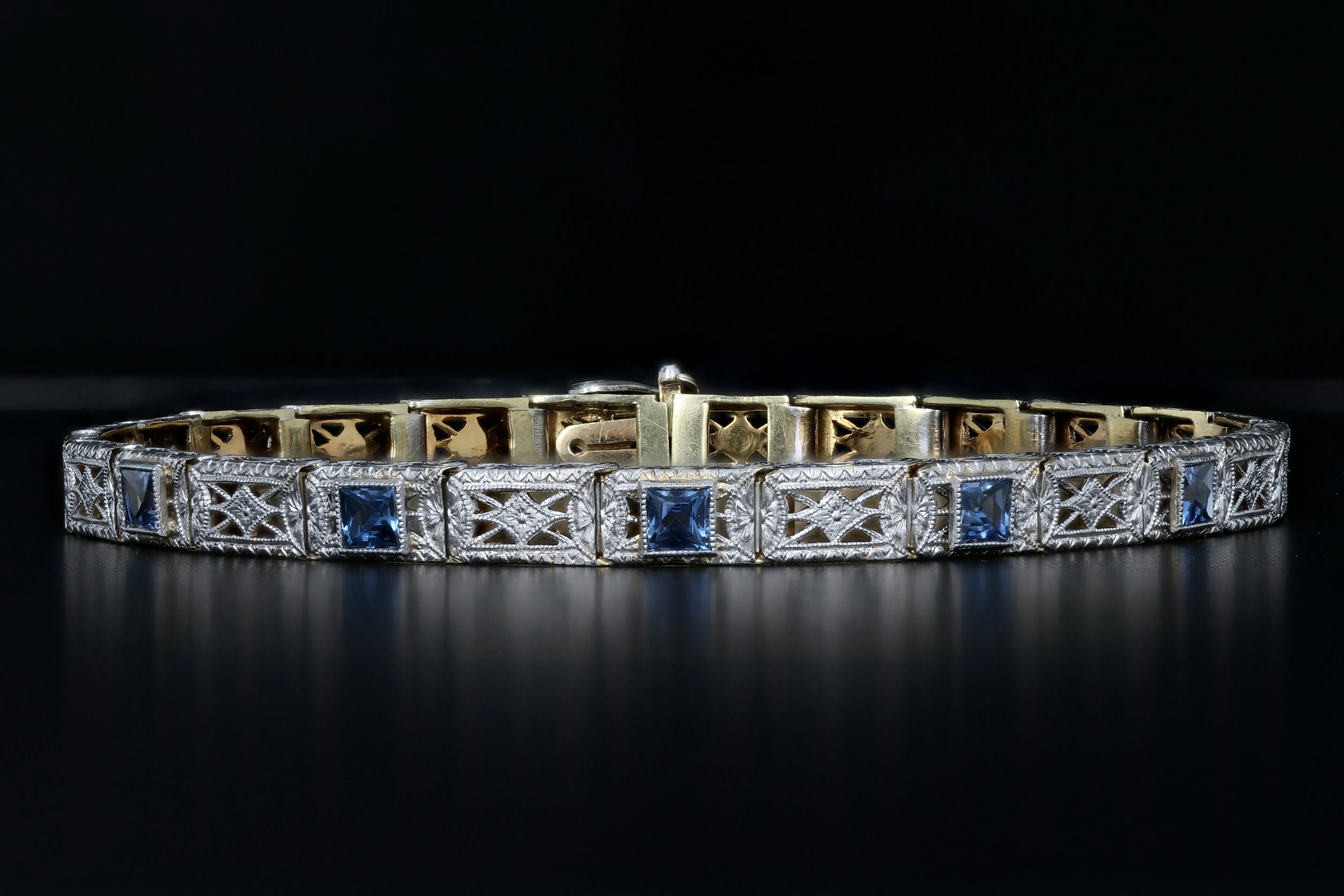 Edwardian 14K & Platinum Wordley, Allsop & Bliss French Cut Sapphire Bracelet.