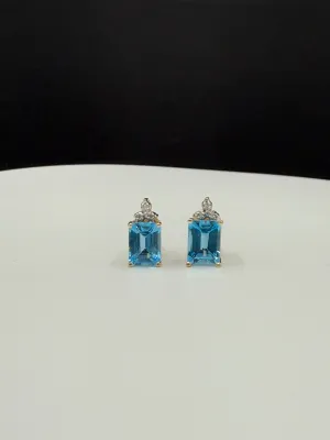 Elegant Blue Topaz & Diamond Earrings in Solid 14k Yellow Gold