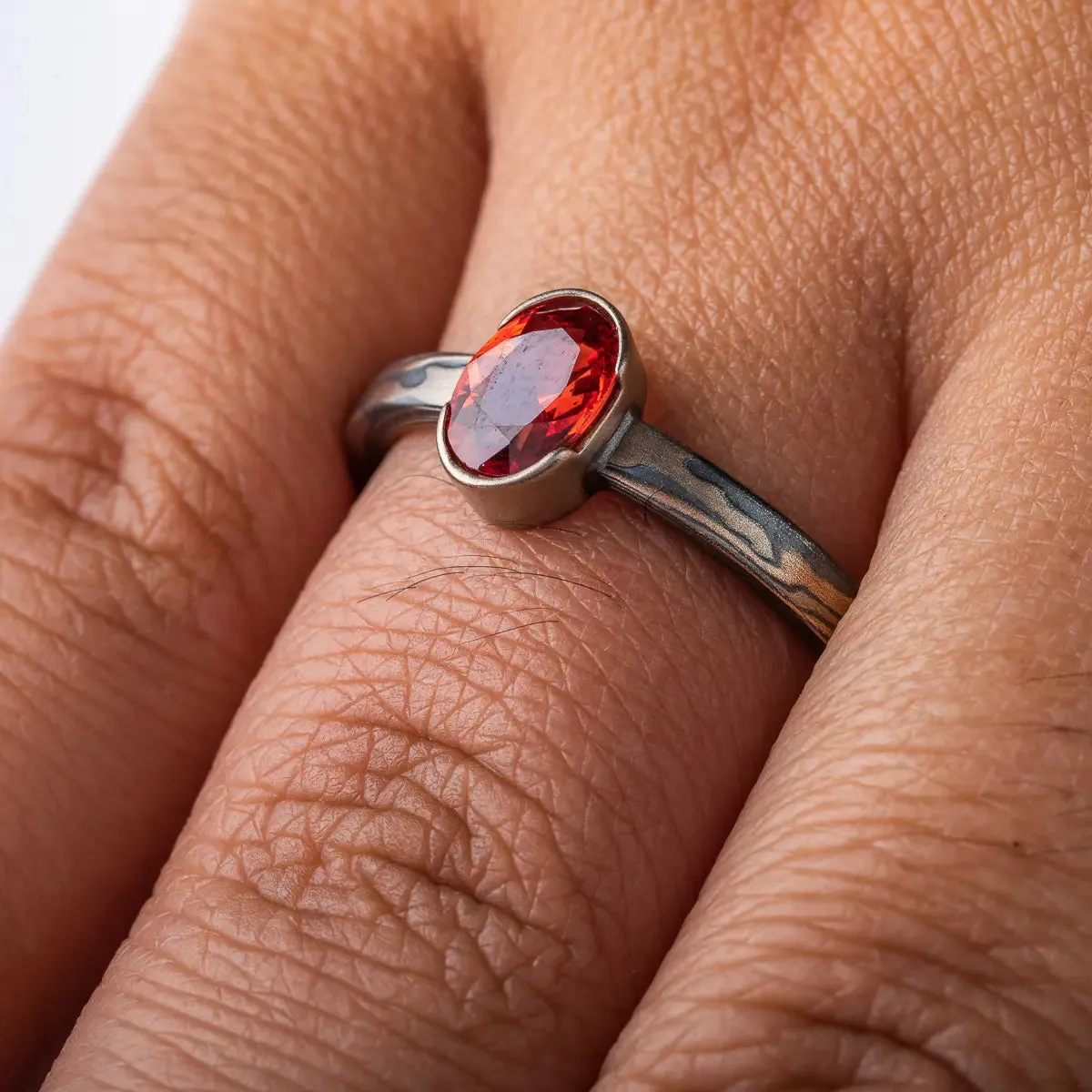 Elegant Mokume Gane Engagement Ring or Ring in Embers Palette w/ Orange Sapphire
