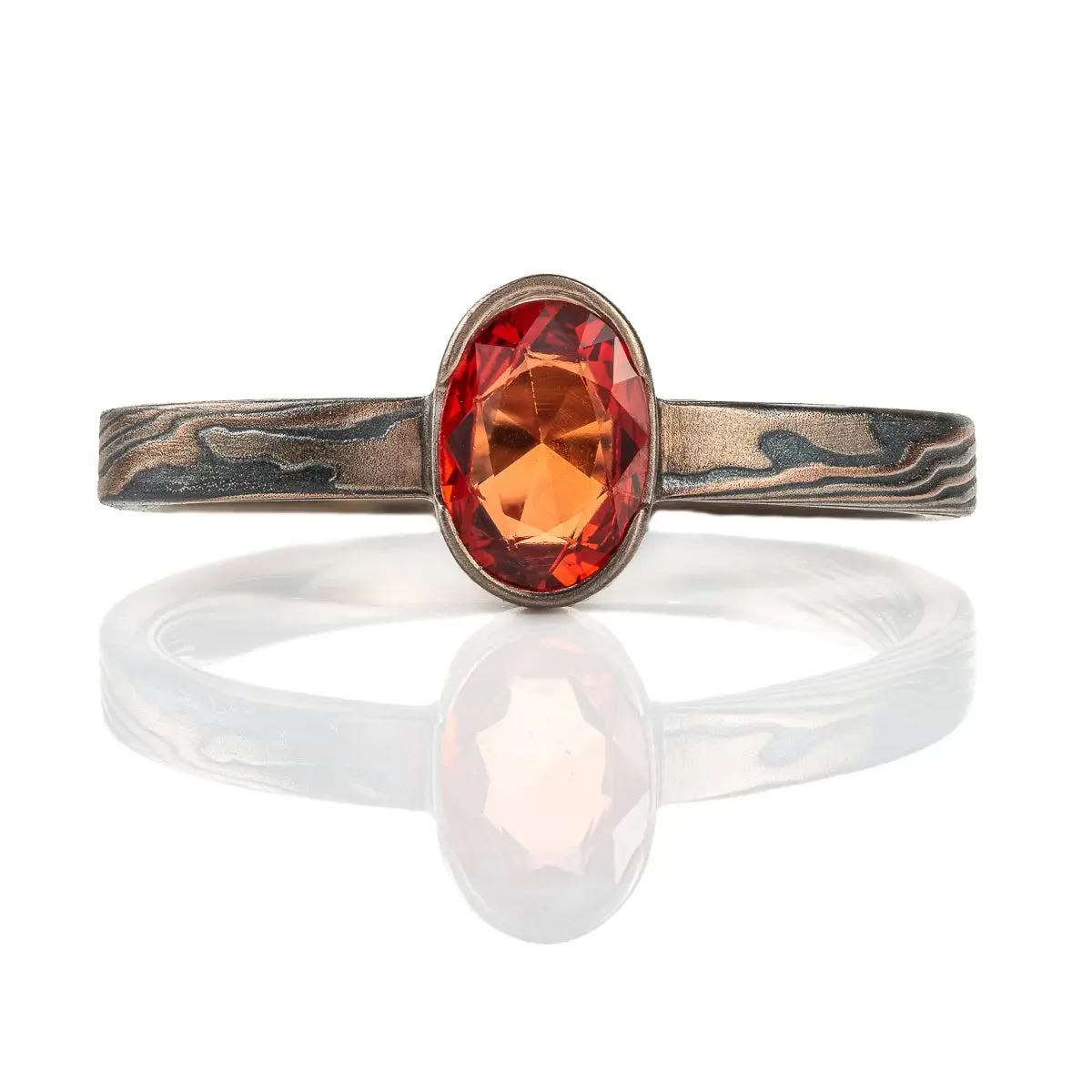 Elegant Mokume Gane Engagement Ring or Ring in Embers Palette w/ Orange Sapphire