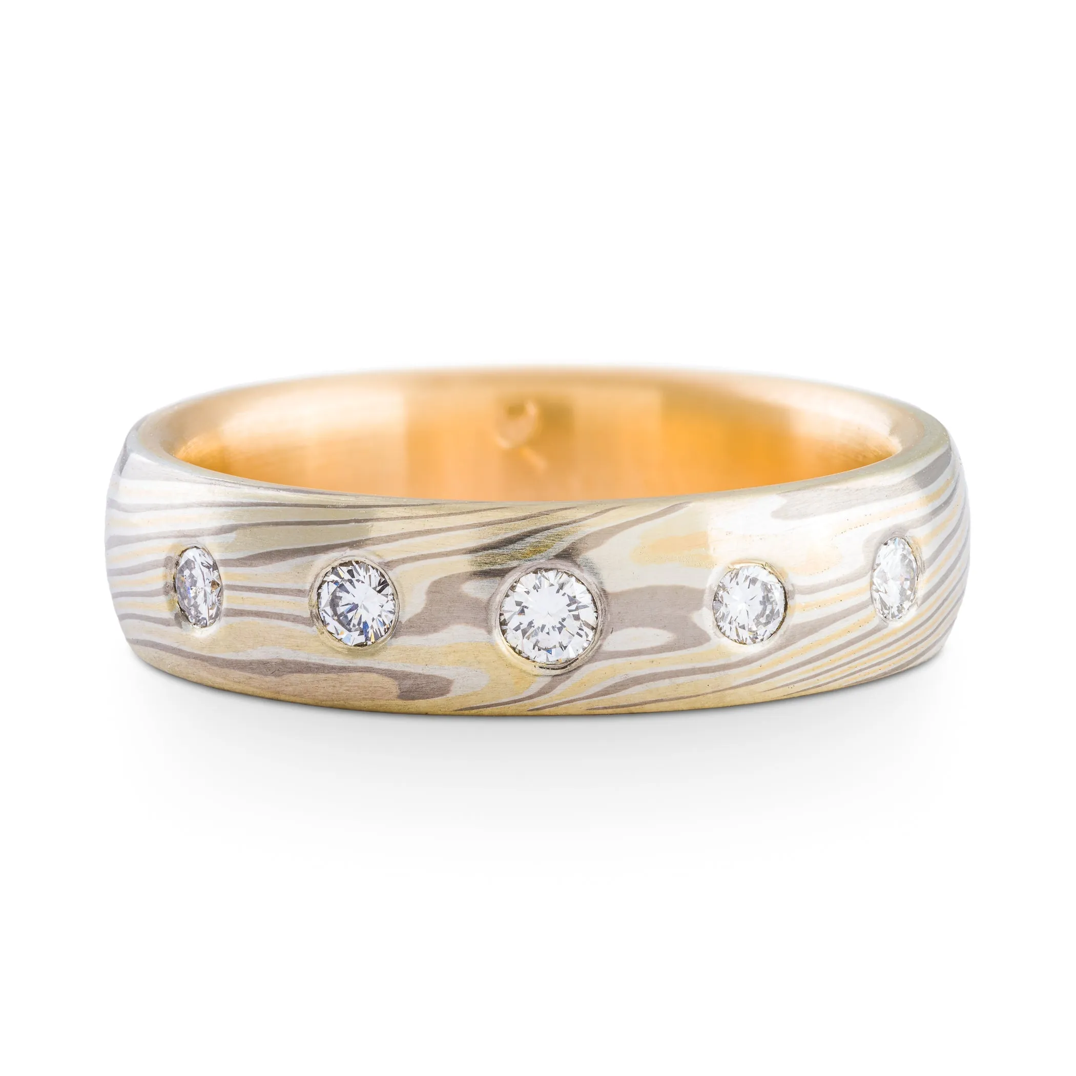 Elegant Mokume Gane Ring or Wedding Band in Flare Palette and Twist Pattern with Flush Set Diamonds